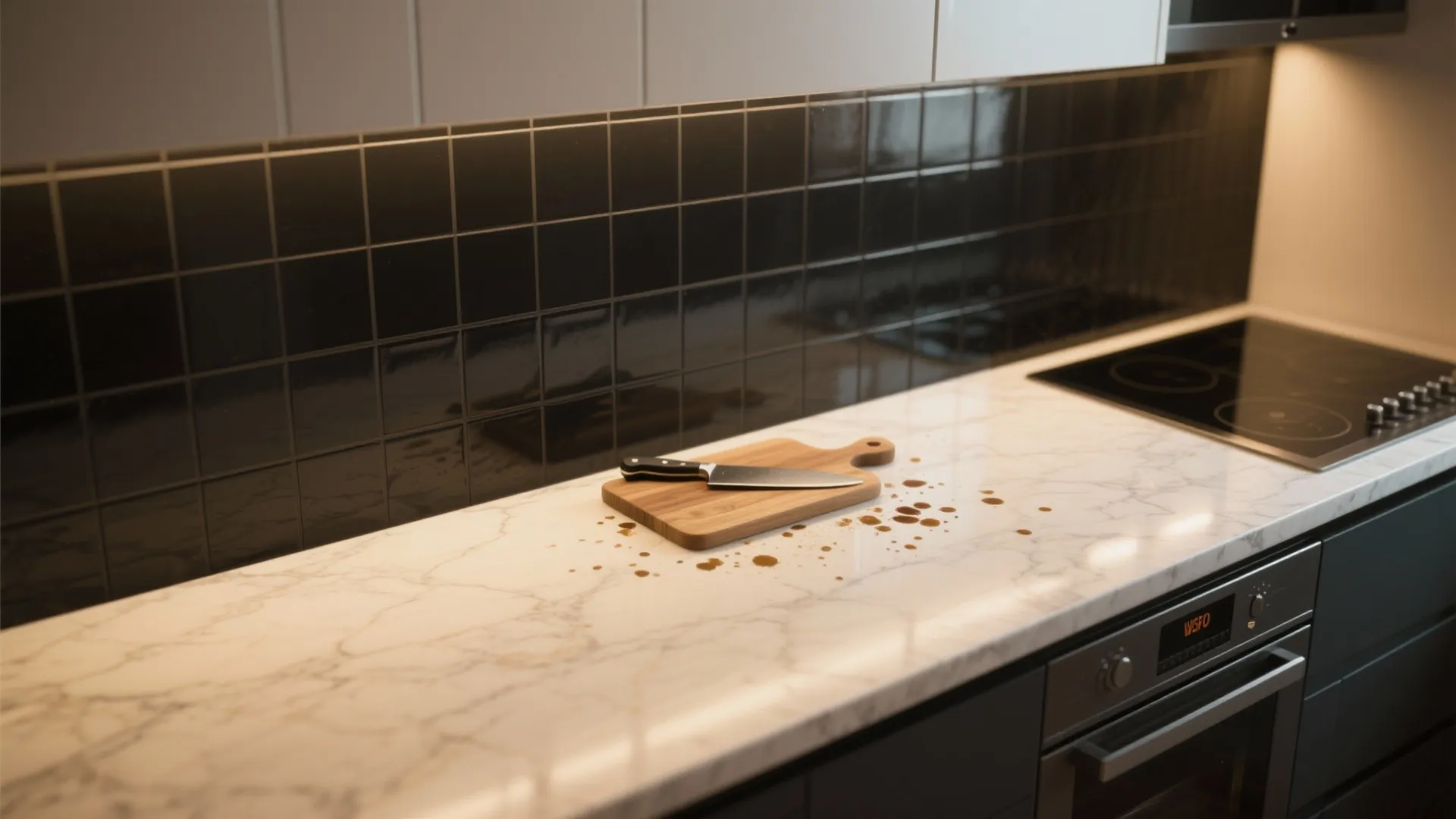 Marble kitchen counter with wooden cutting board and knife against a dark black wall tile background