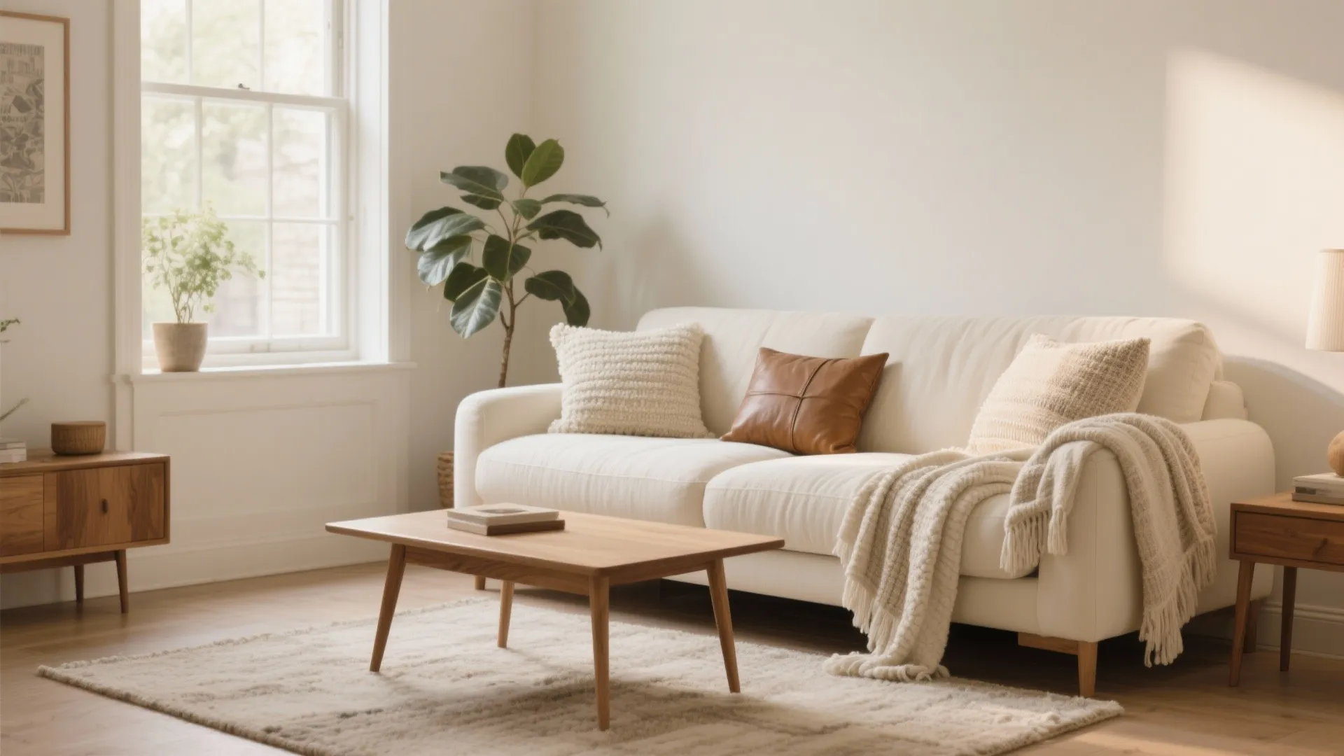 Bright living room with white sofa wooden coffee table large green plant and natural light from window