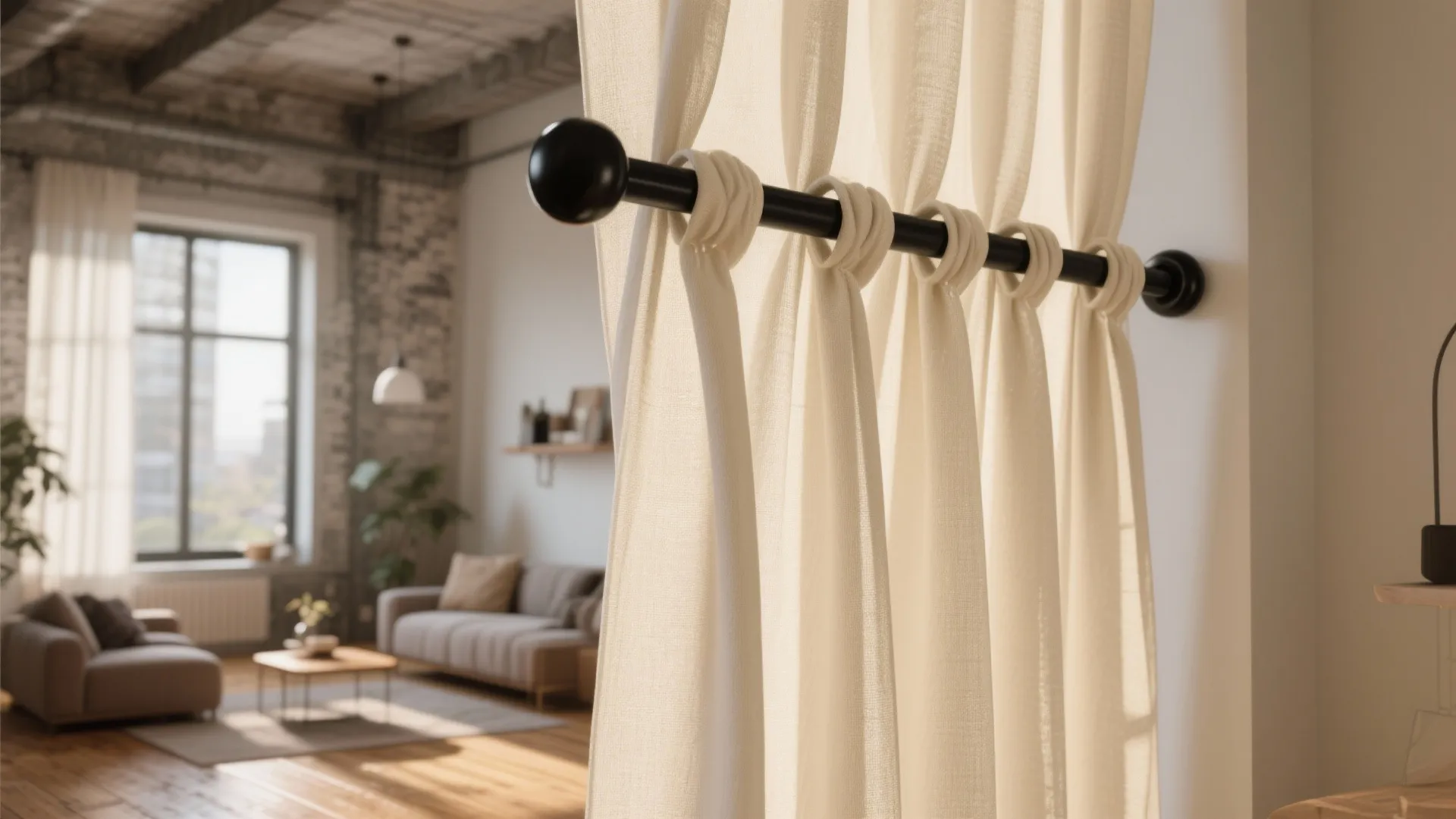 Cream curtains hanging from matte black rods in a bright loft