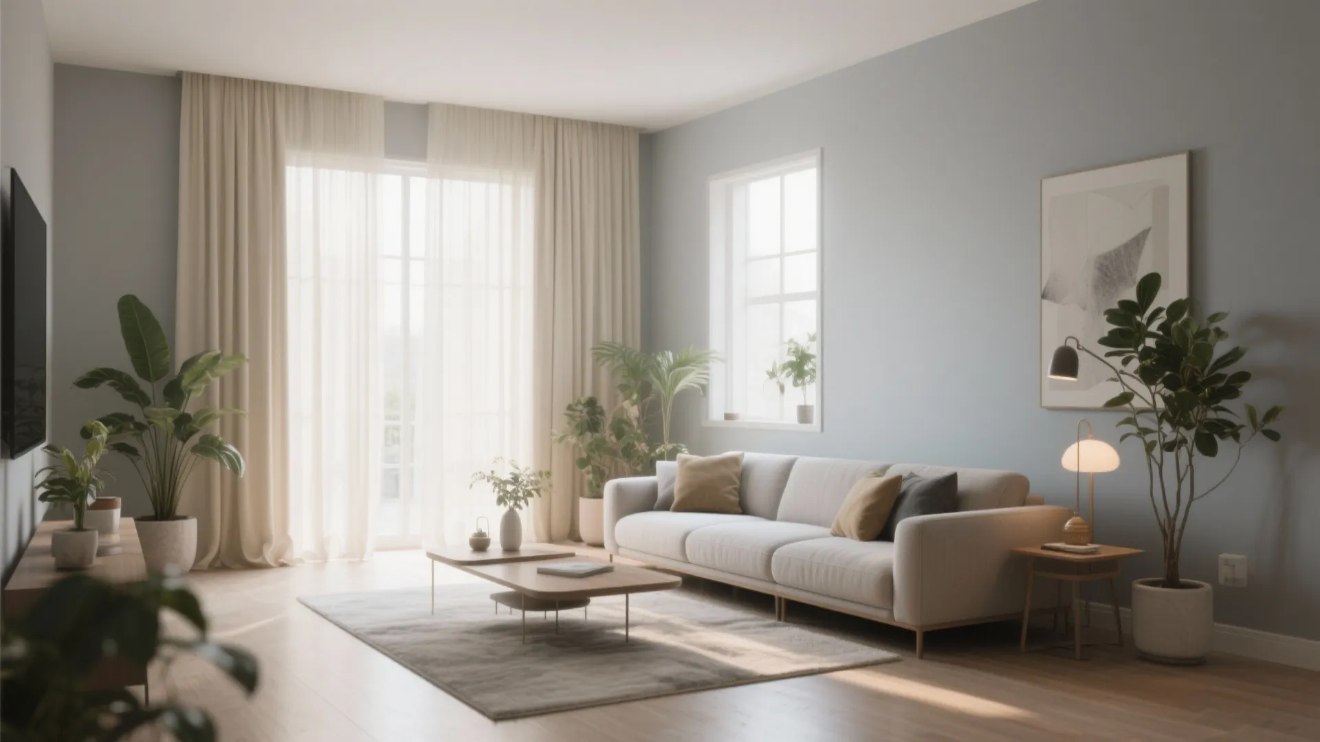 Cream curtains against light grey walls letting in daylight