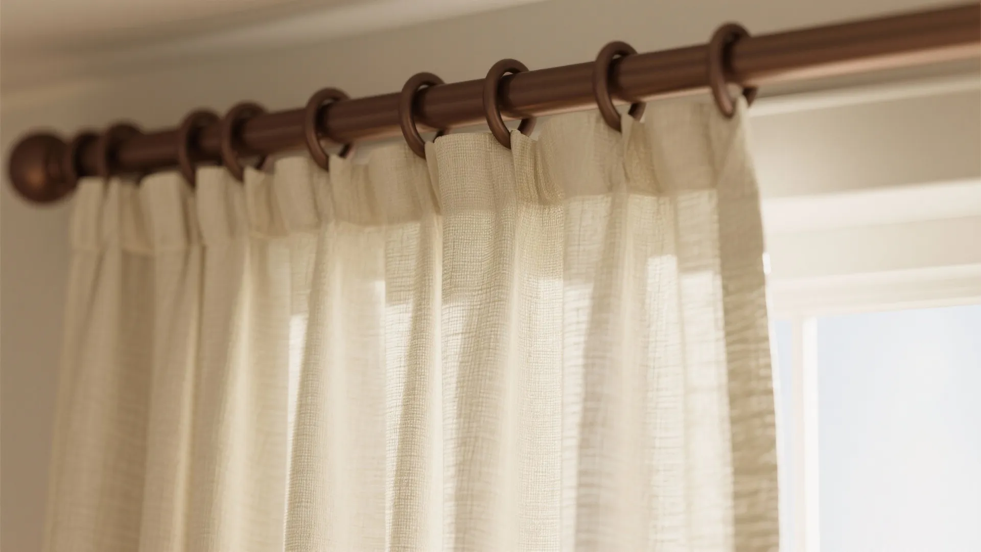 Light cream fabric curtain hanging on a dark metal rod with rings near a window
