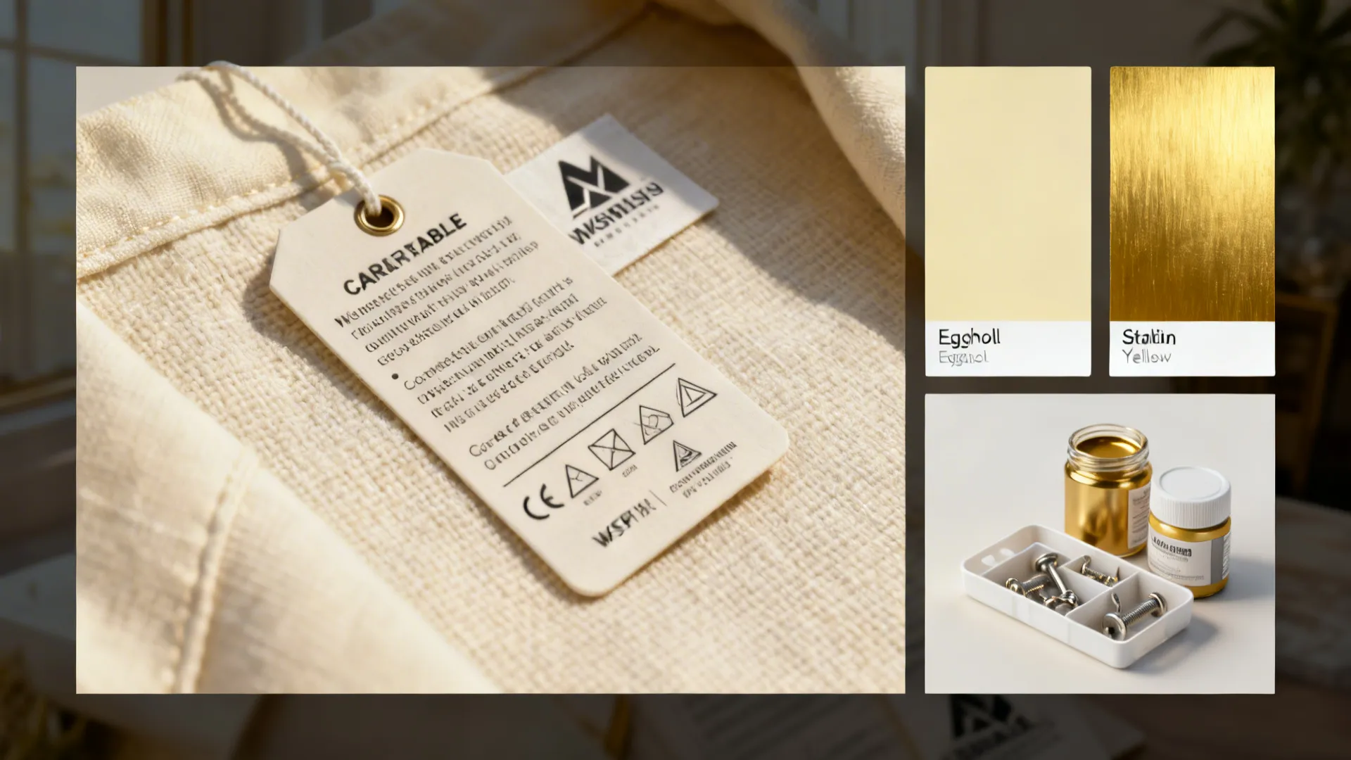 Close-up of washable fabric tags, paint finish swatches and gold finish samples for cream-and-gold design decisions.