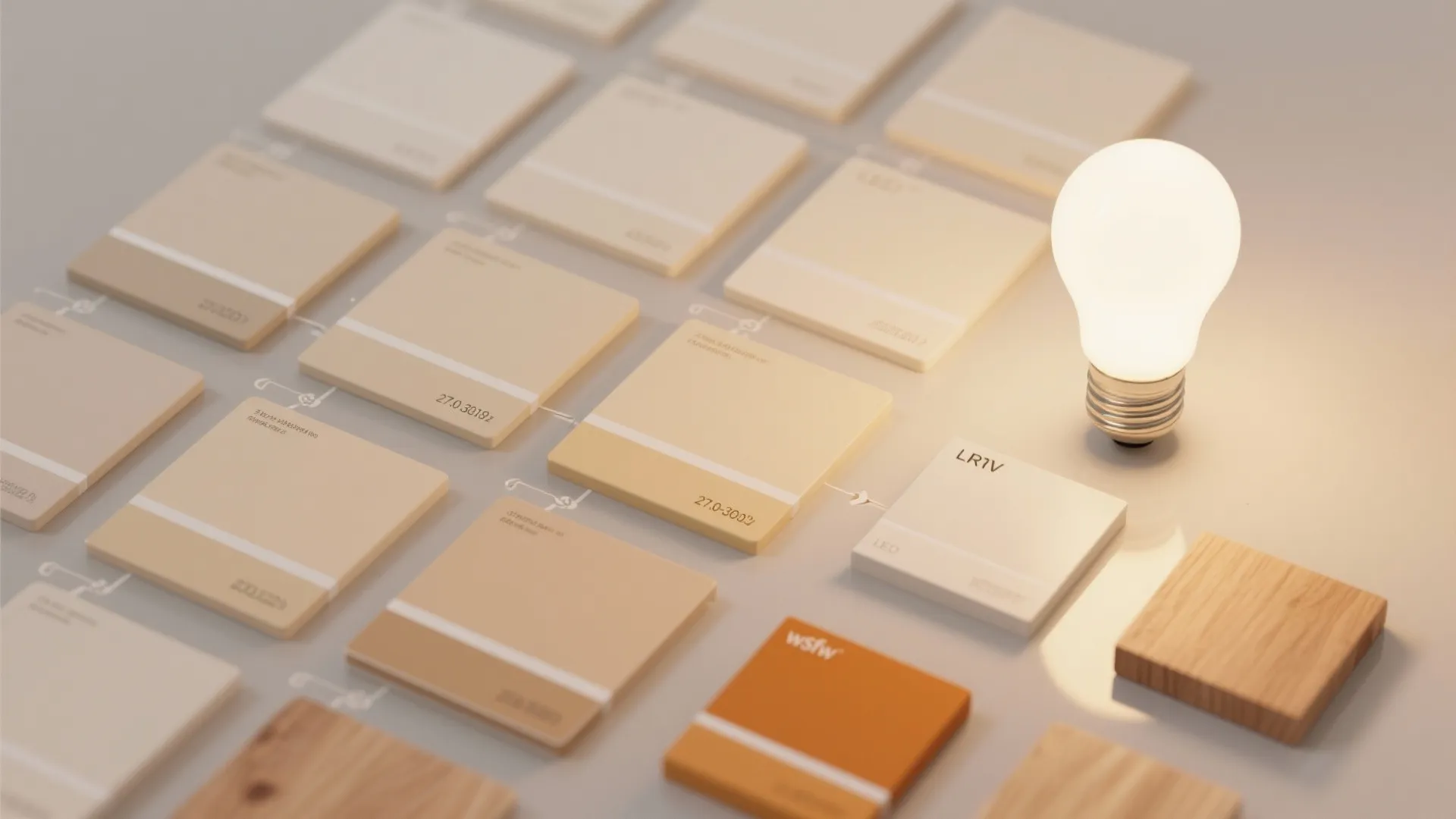 Various cream color samples on a table with a bright light bulb and wood pieces