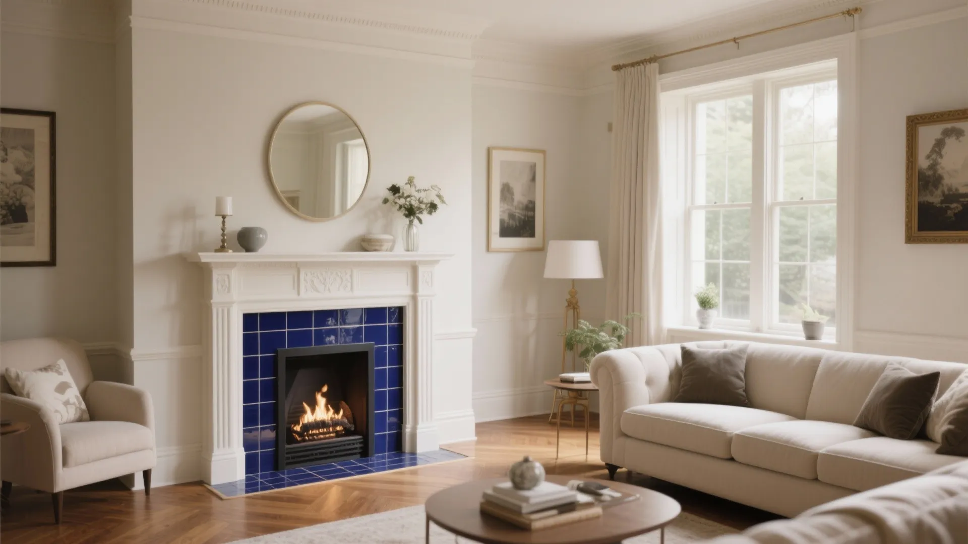 10. Cream Fireplace with Navy Tile Surround