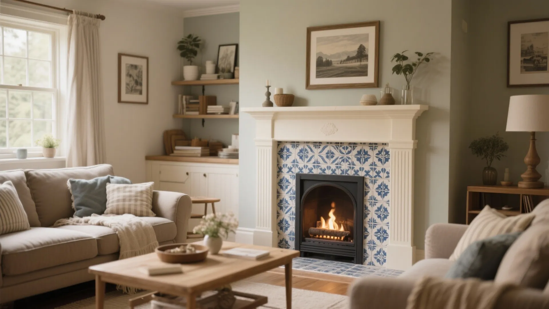 8. Cream Fireplace Surround with Navy Tiles