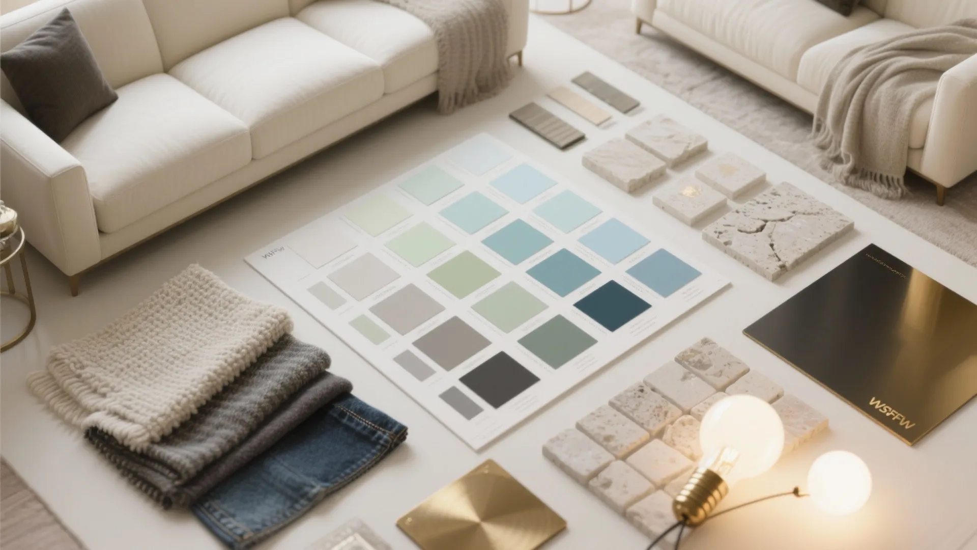 Interior design mood board on floor with color palette samples fabric swatches and light fixtures