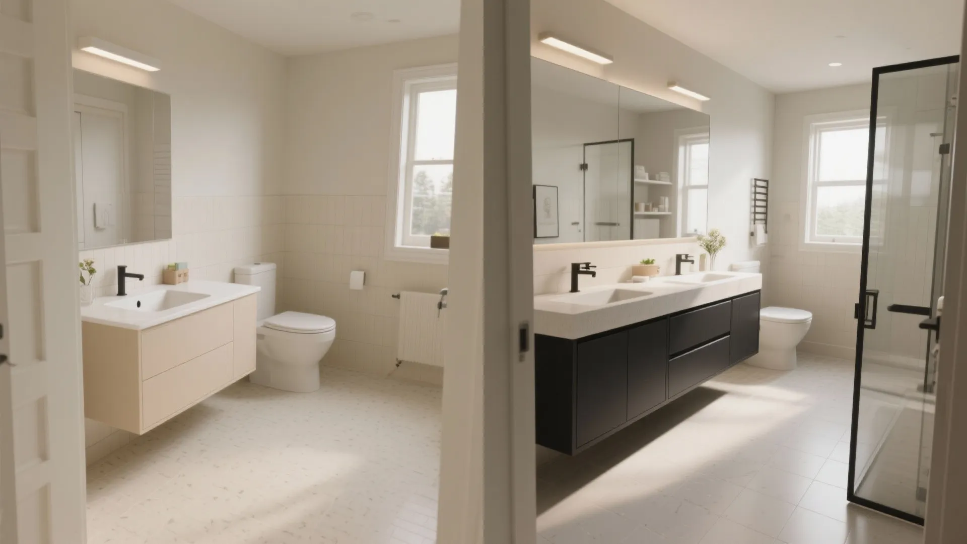 5. Cream Floors with Dark Vanity Contrast