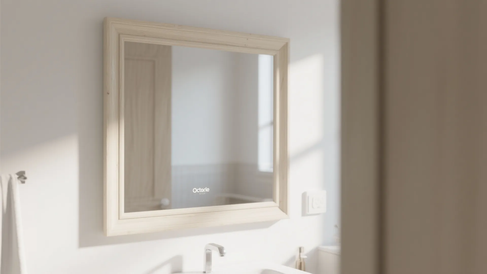Wooden frame bathroom mirror hanging on white wall above a sink with soft natural light