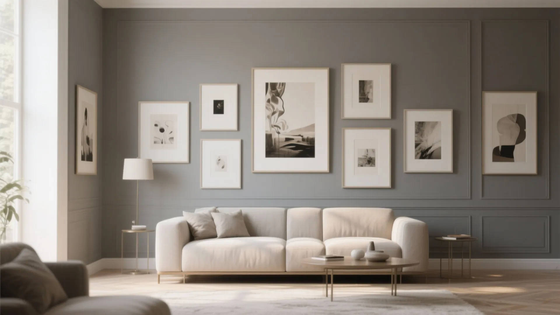 Cream picture frames hung on grey living room wall