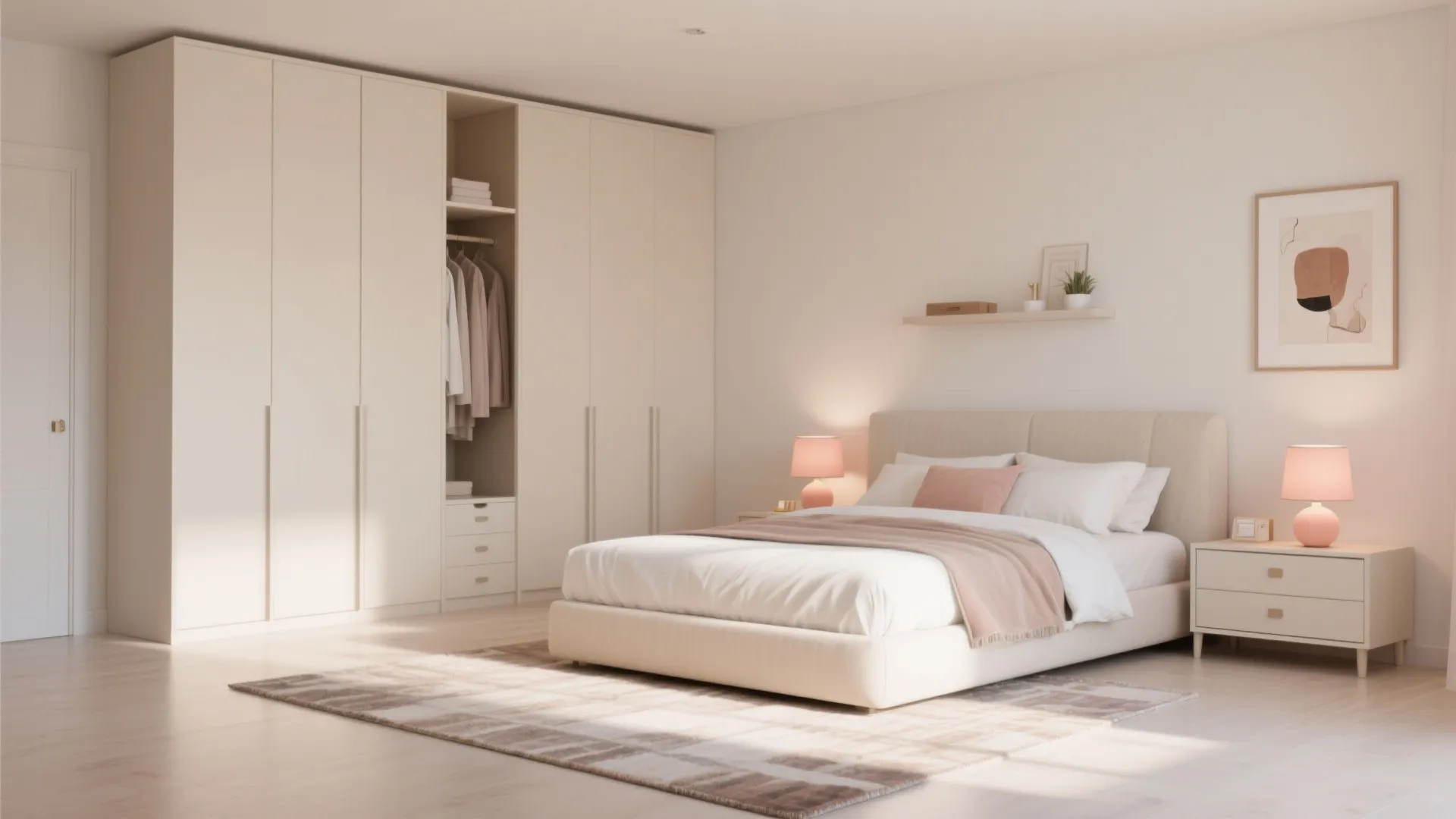 Large white wardrobe in cream bedroom with bed pink pillows and two matching pink lamps