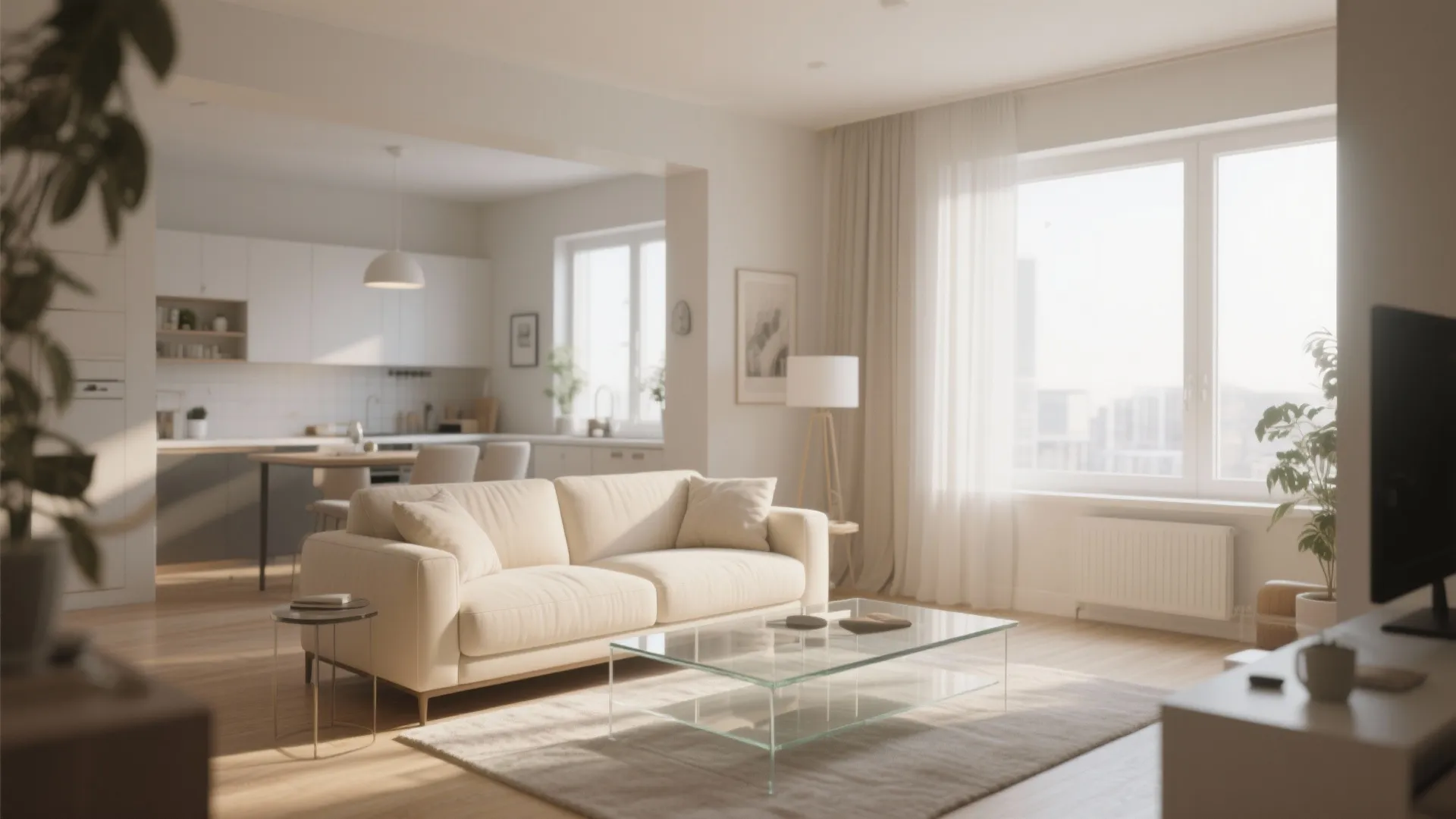 5. Cream Furniture with Glass Coffee Table