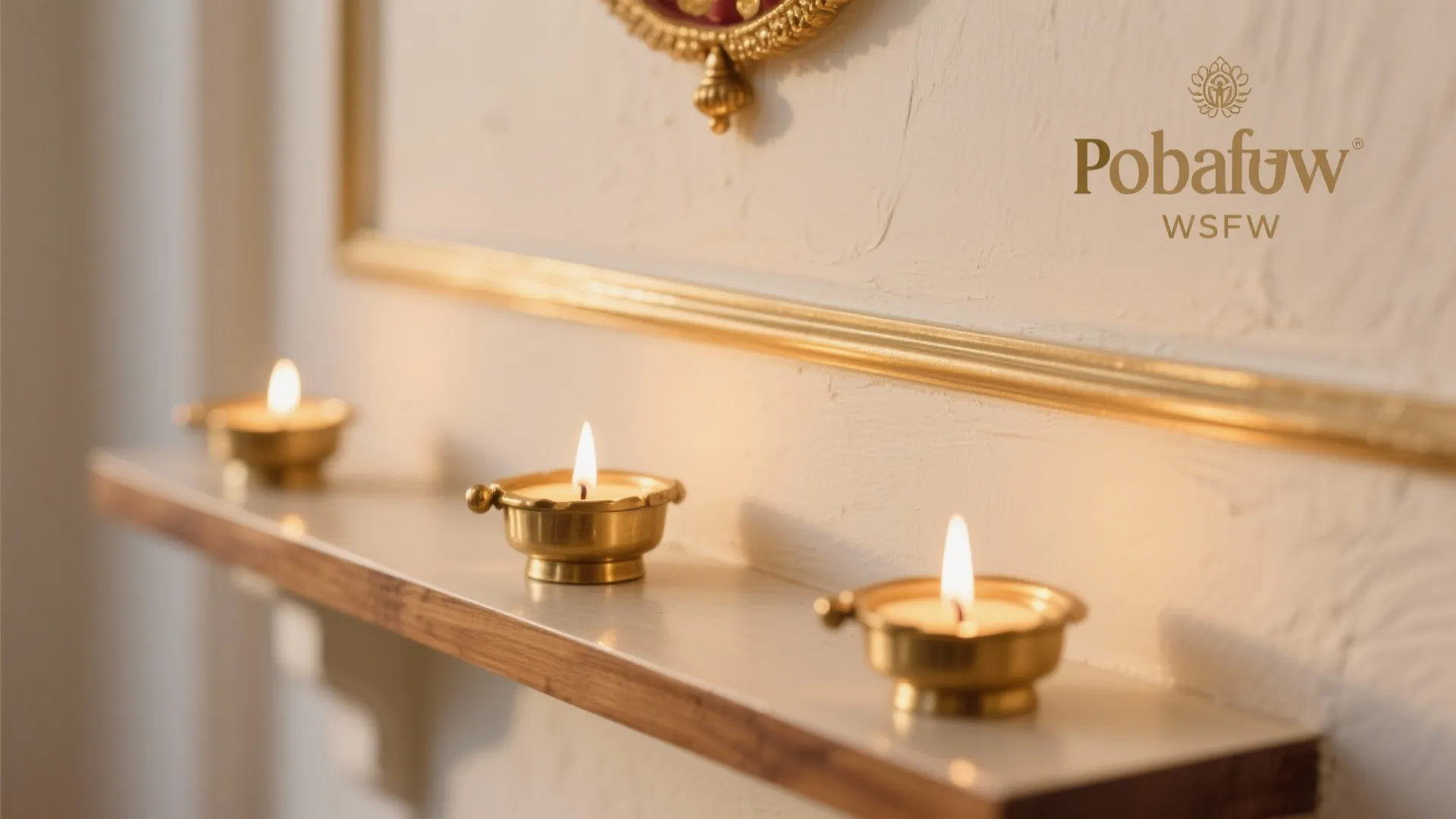 Three small brass oil lamps burning on a wooden shelf against a white textured wall surface