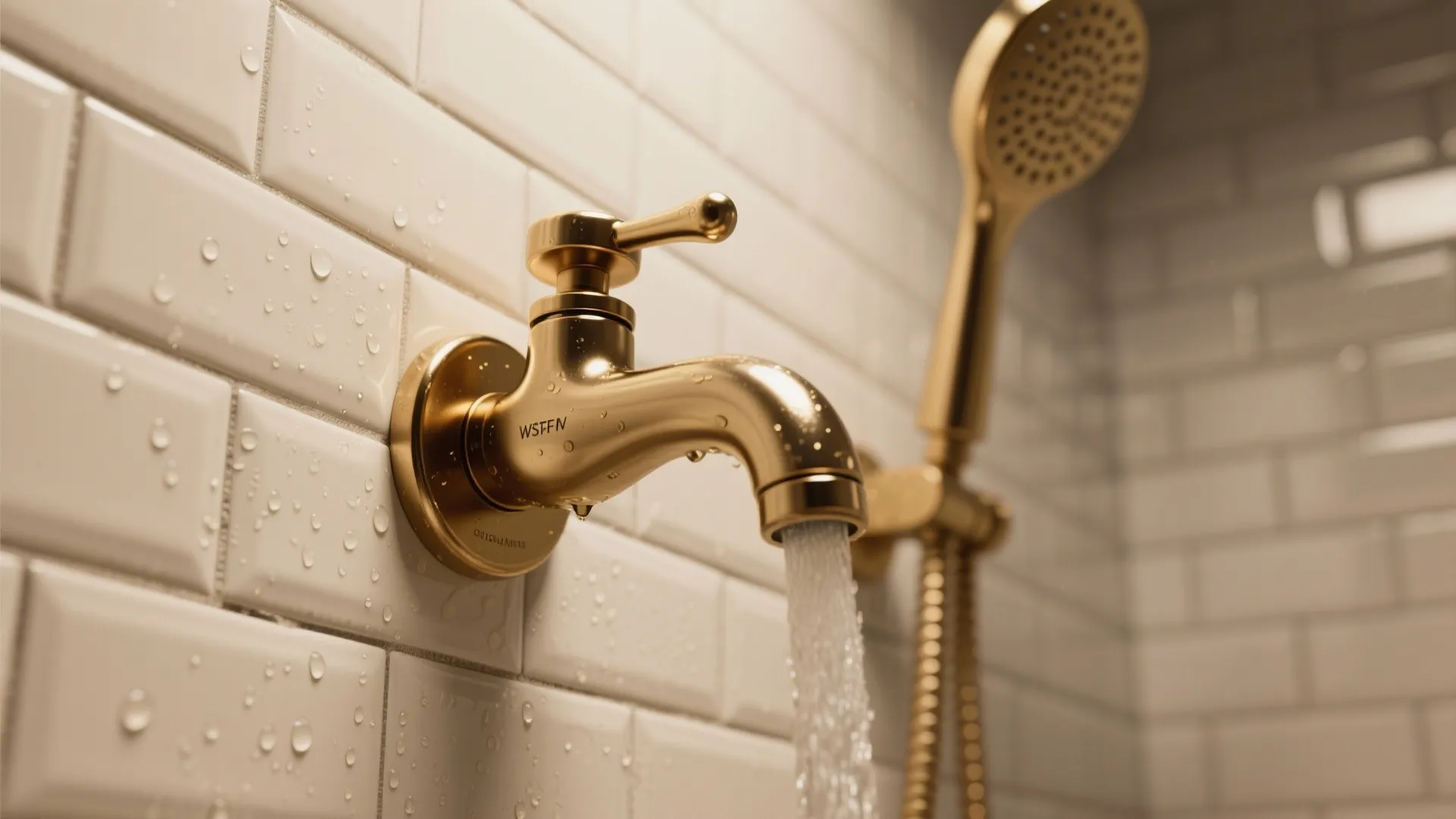 2. Cream Tiles with Gold Fixtures