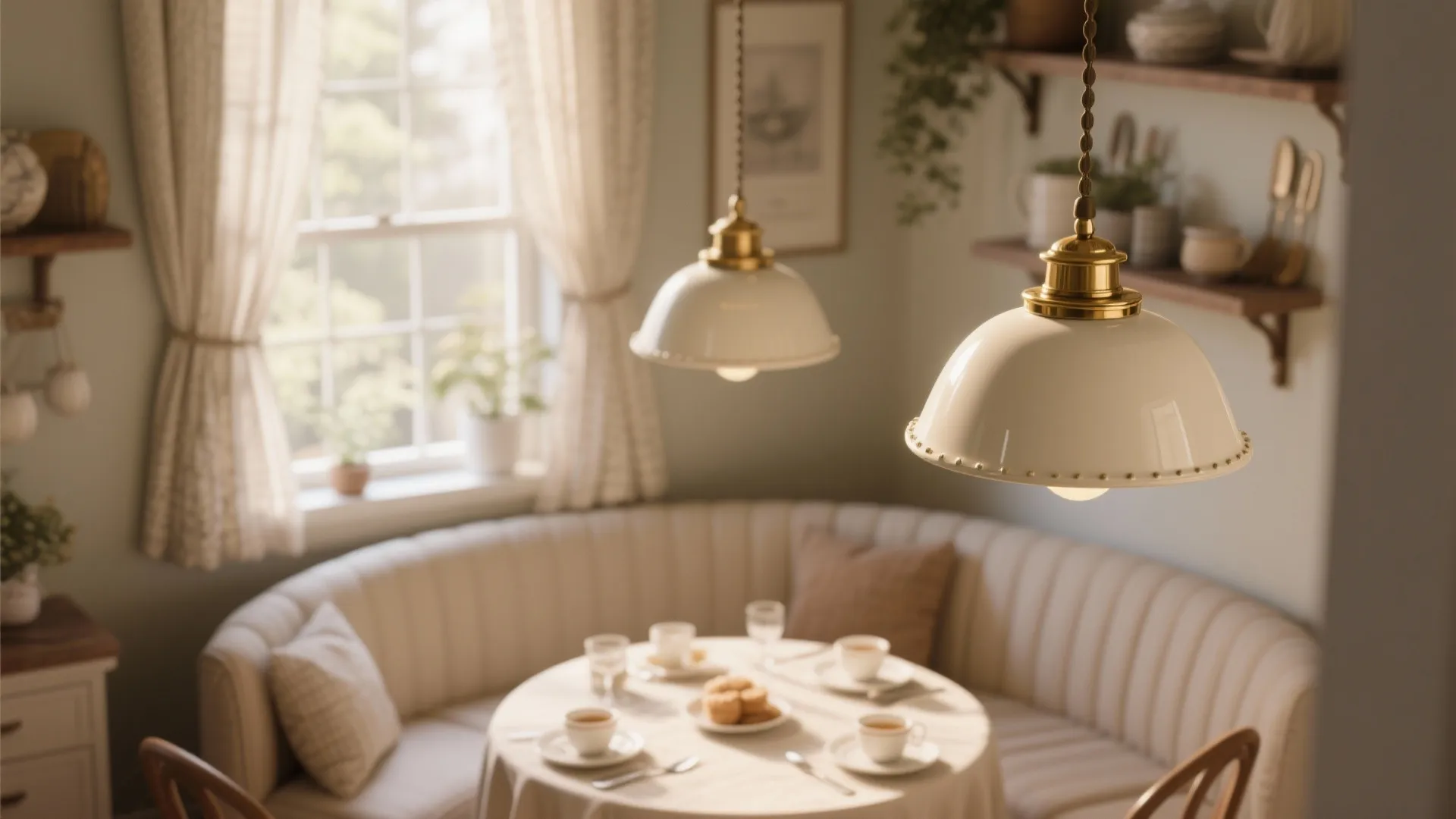 Cream enamel pendant lights with gold accents above a breakfast nook