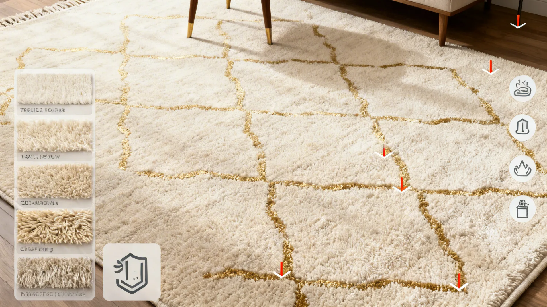 Top-down view of a cream rug with a subtle gold geometric pattern and fabric swatches.