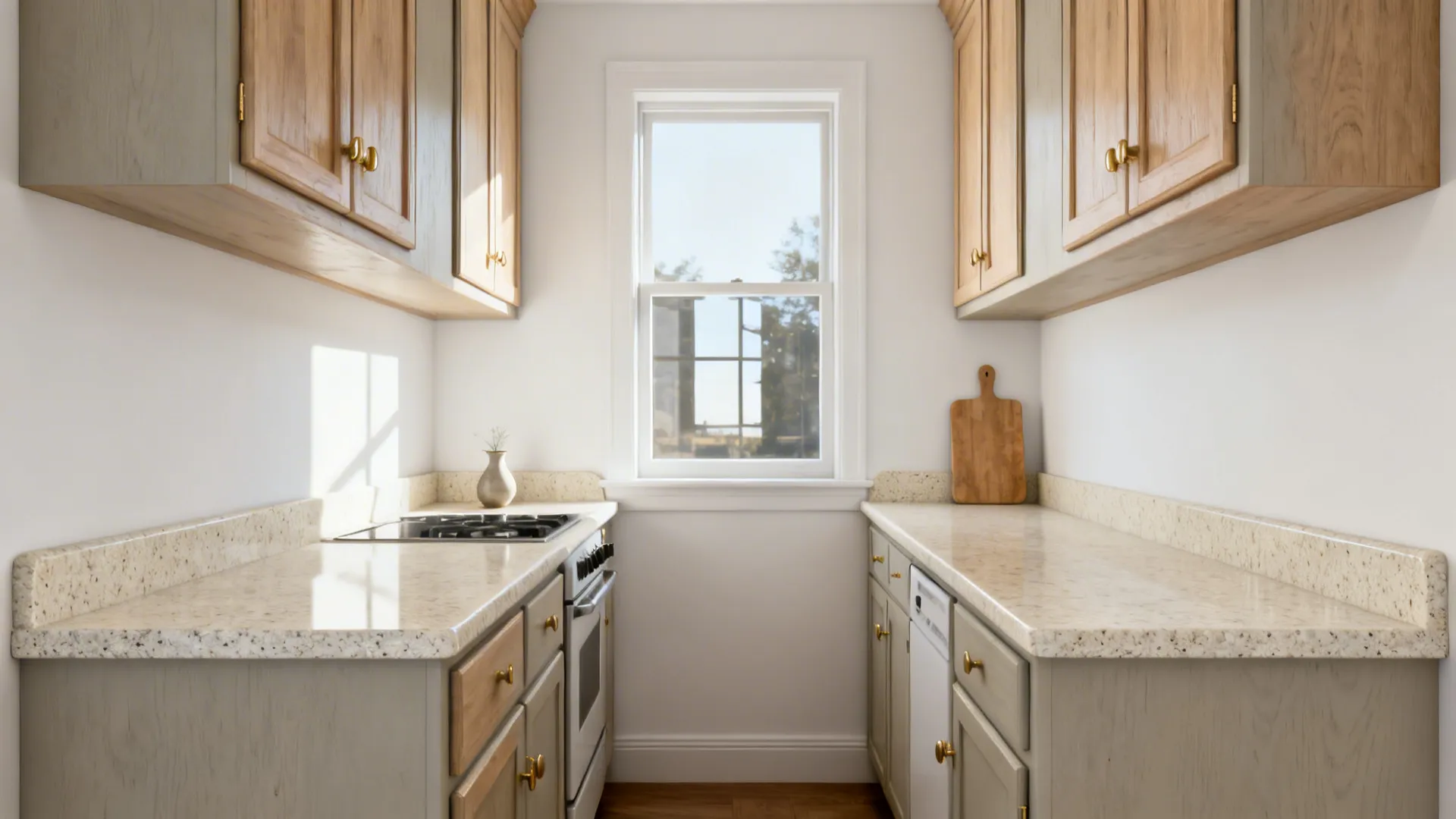 Narrow galley kitchen with cream granite countertops, wooden cabinets, white walls, and a large central window