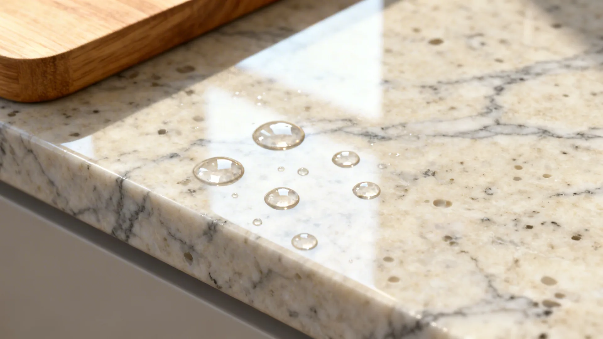 Macro of cream granite countertop showing subtle veins and sealed surface