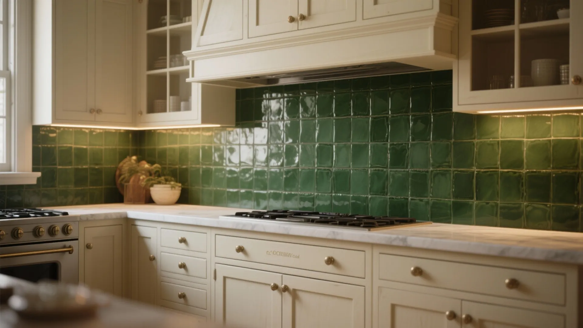 2. Contrast with deep green or navy backsplashes