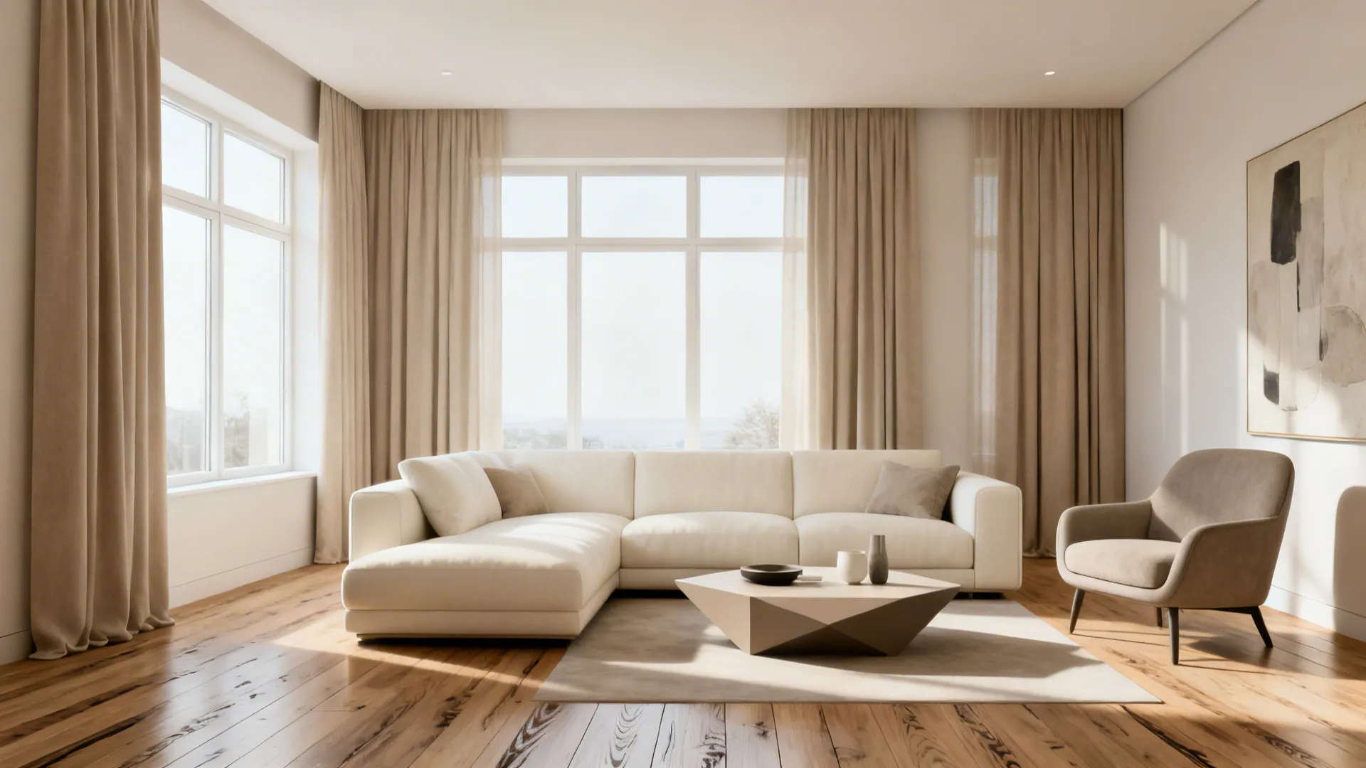 Cream sofa with a greige accent armchair and curtains in natural light