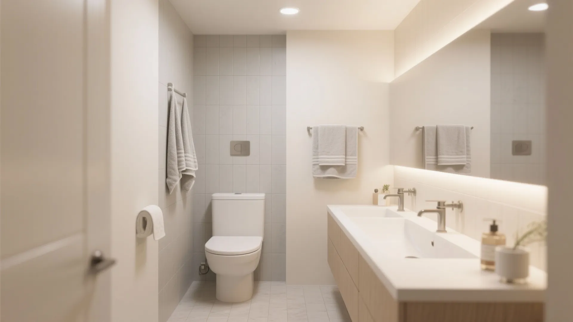 Modern bathroom featuring a large backlit mirror over a white sink next to a toilet