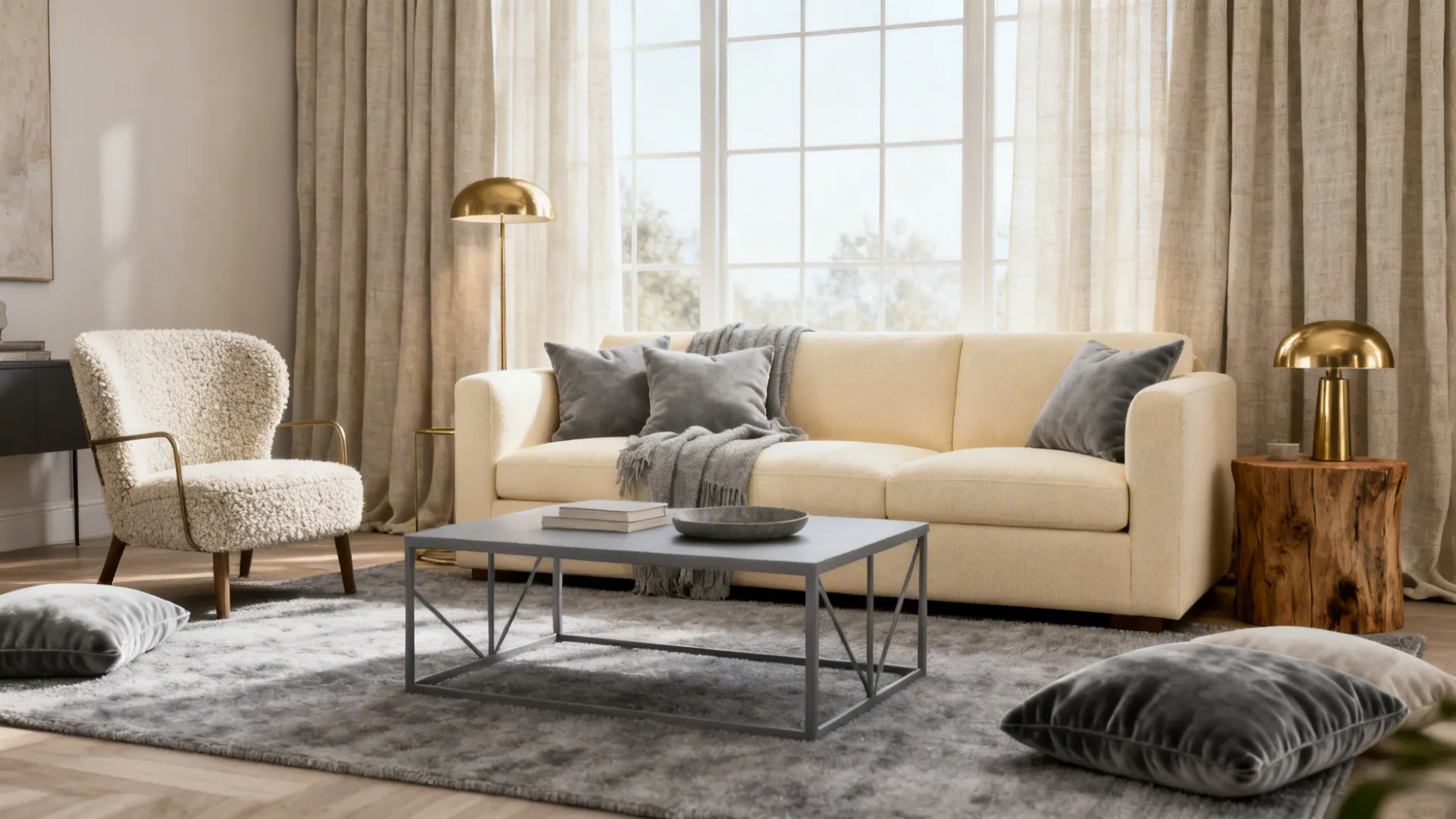 Cream colored sofa with grey pillows and a fluffy armchair in a sunlit living room