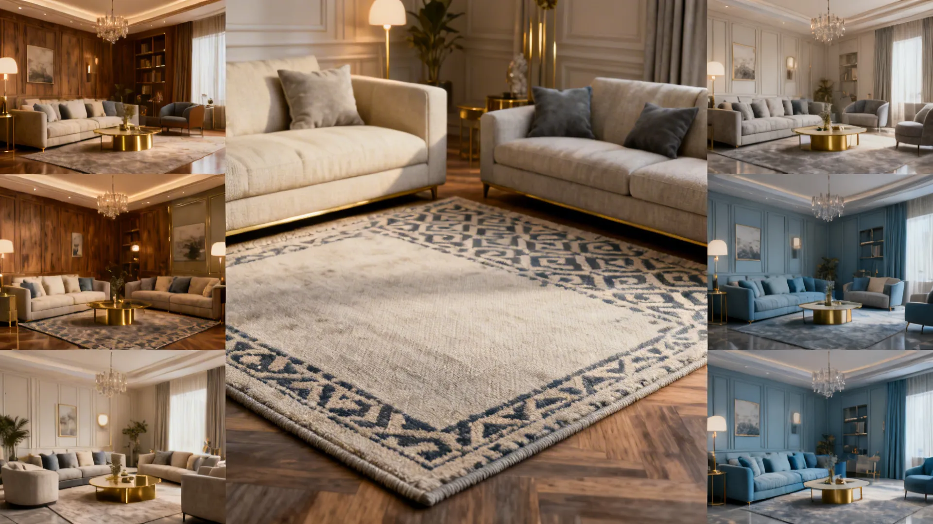 Multiple living room designs showing different wall colors and furniture layouts with a patterned rug
