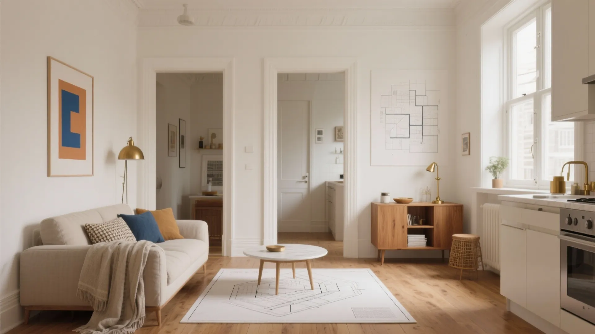 Bright living room with white walls cream sofa wooden floor floor plan art and natural light