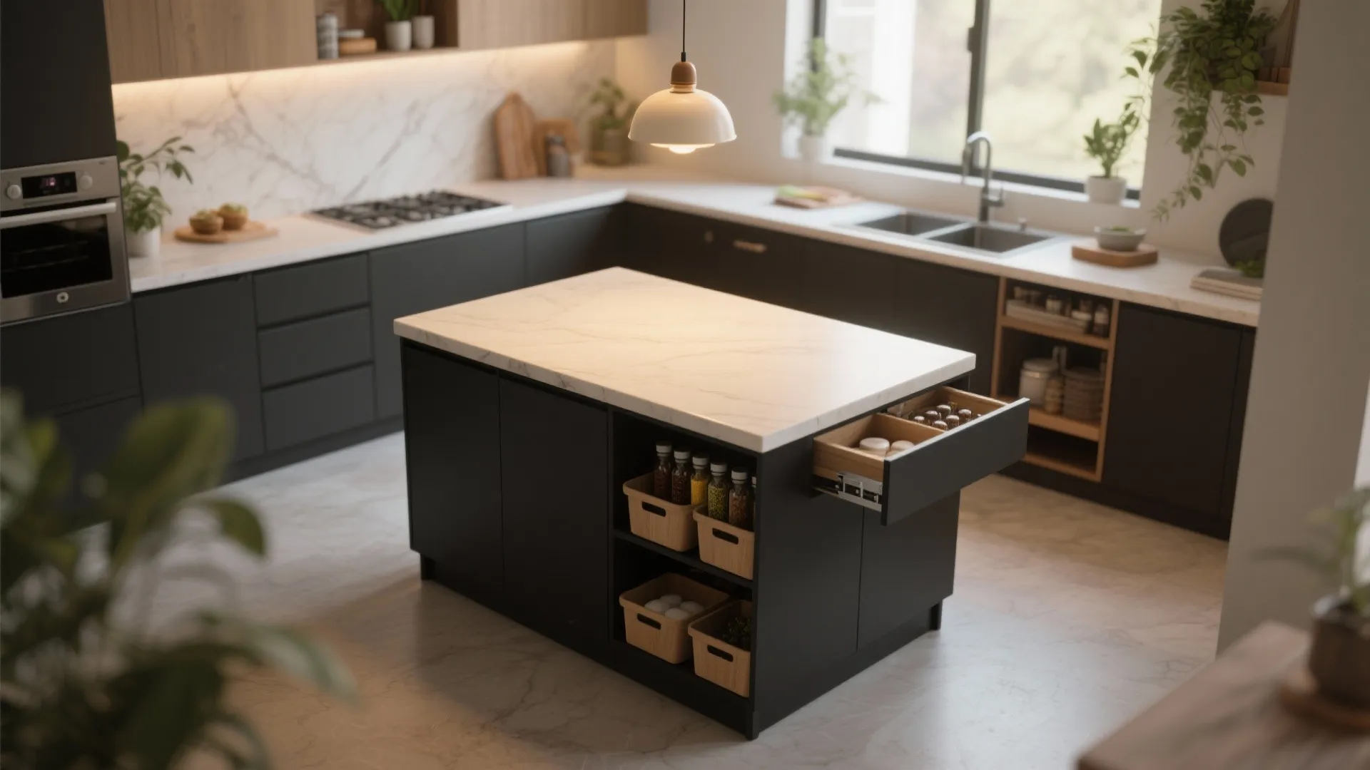 Modern kitchen with black cabinets white marble island top ceiling light and green plants decor