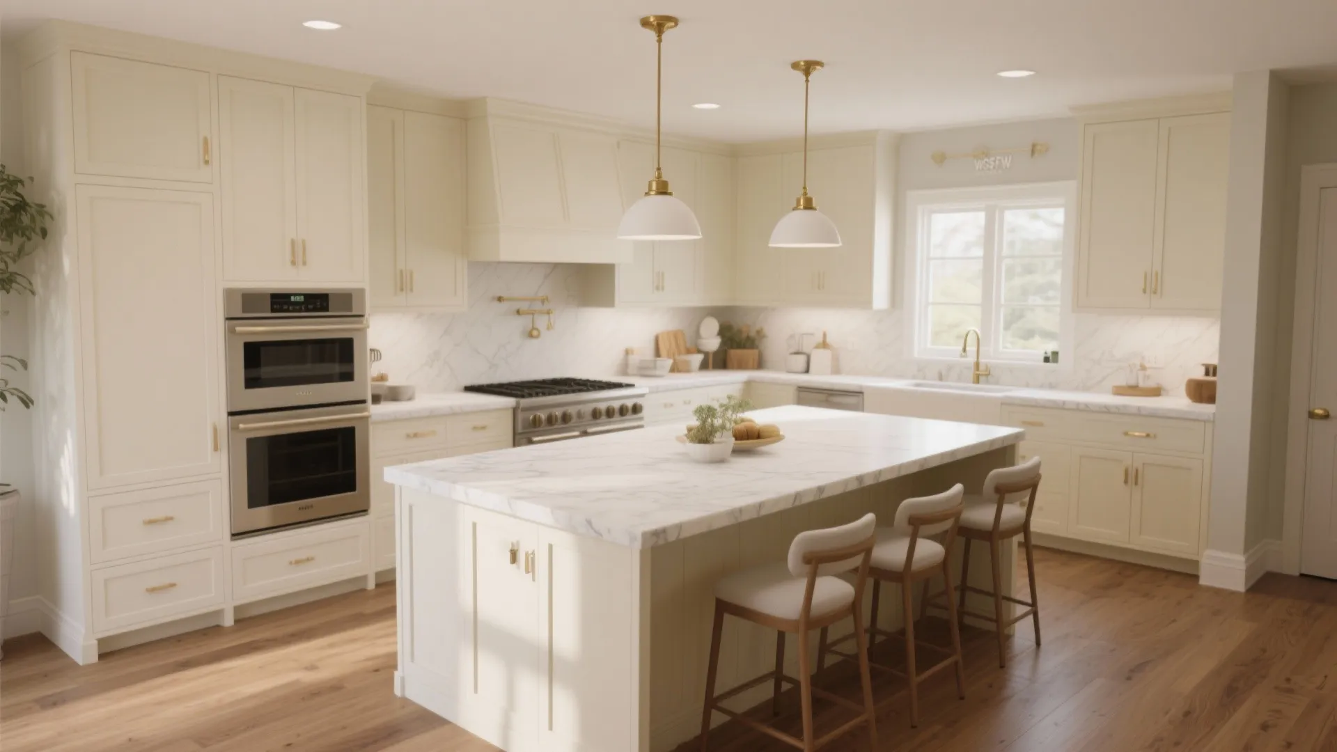 5. Cream Island with White Perimeter Cabinets