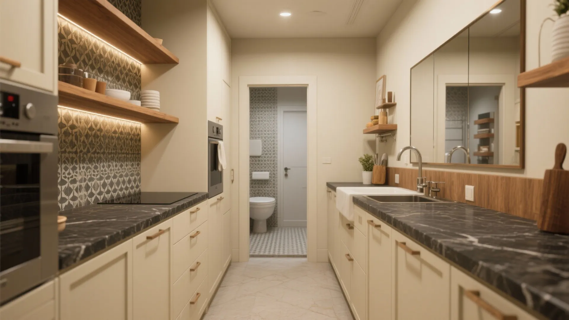 Compact galley kitchen with cream cabinetry, dark counters, patterned backsplash, and warm wood accents.