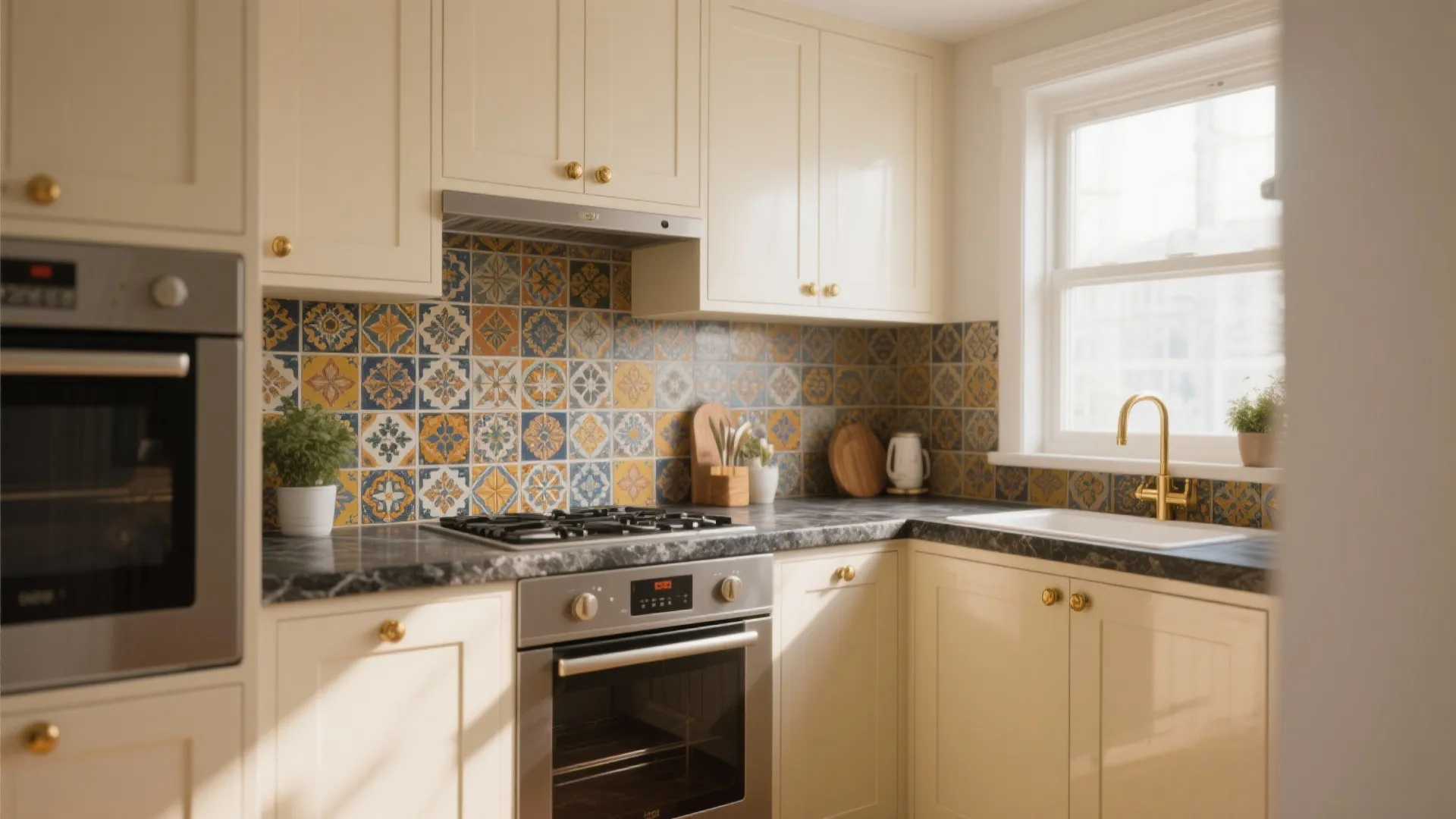 Modern cream kitchen with patterned wall tiles marble countertop gold faucet stove oven and window light