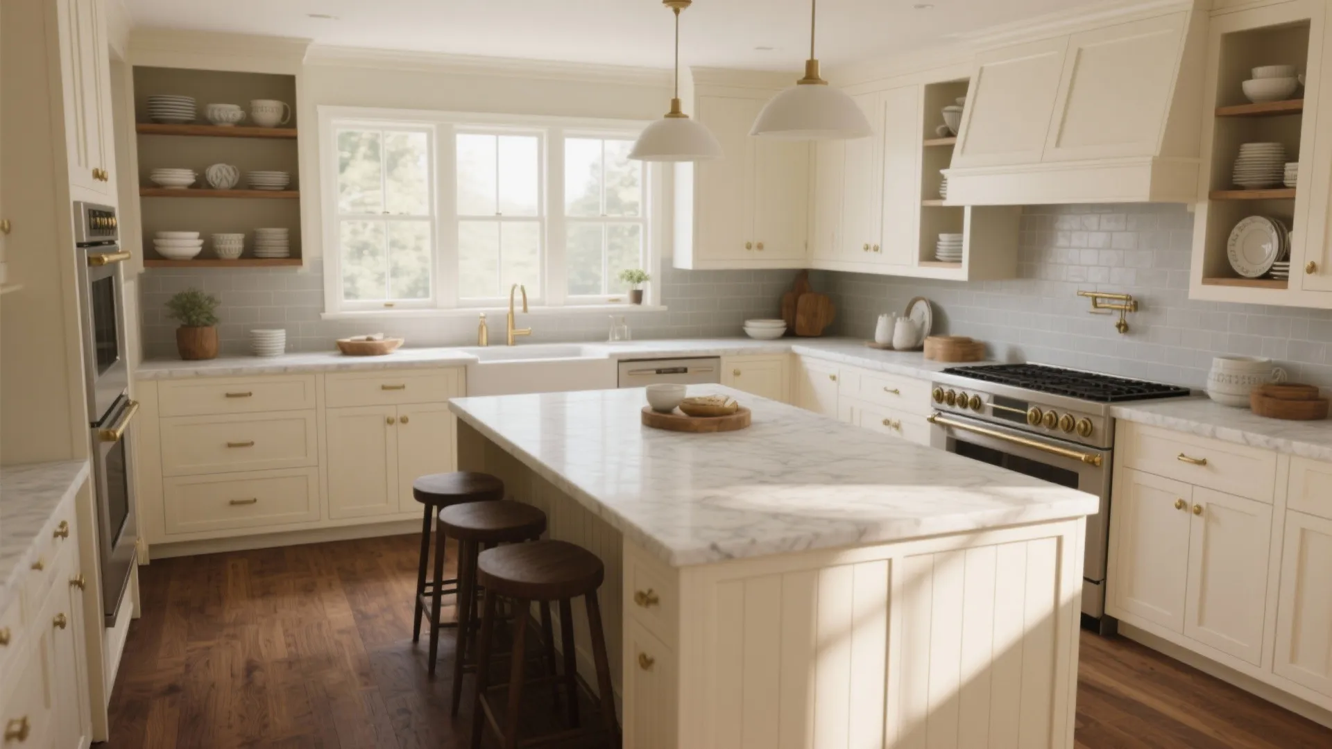 Cream kitchen interior with marble island, wooden bar stools, white ceiling lights, and wood floor