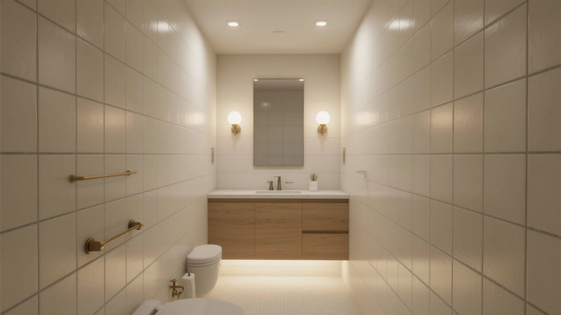 Narrow bathroom with cream tiles wooden cabinet mirror round wall lights and gold towel racks