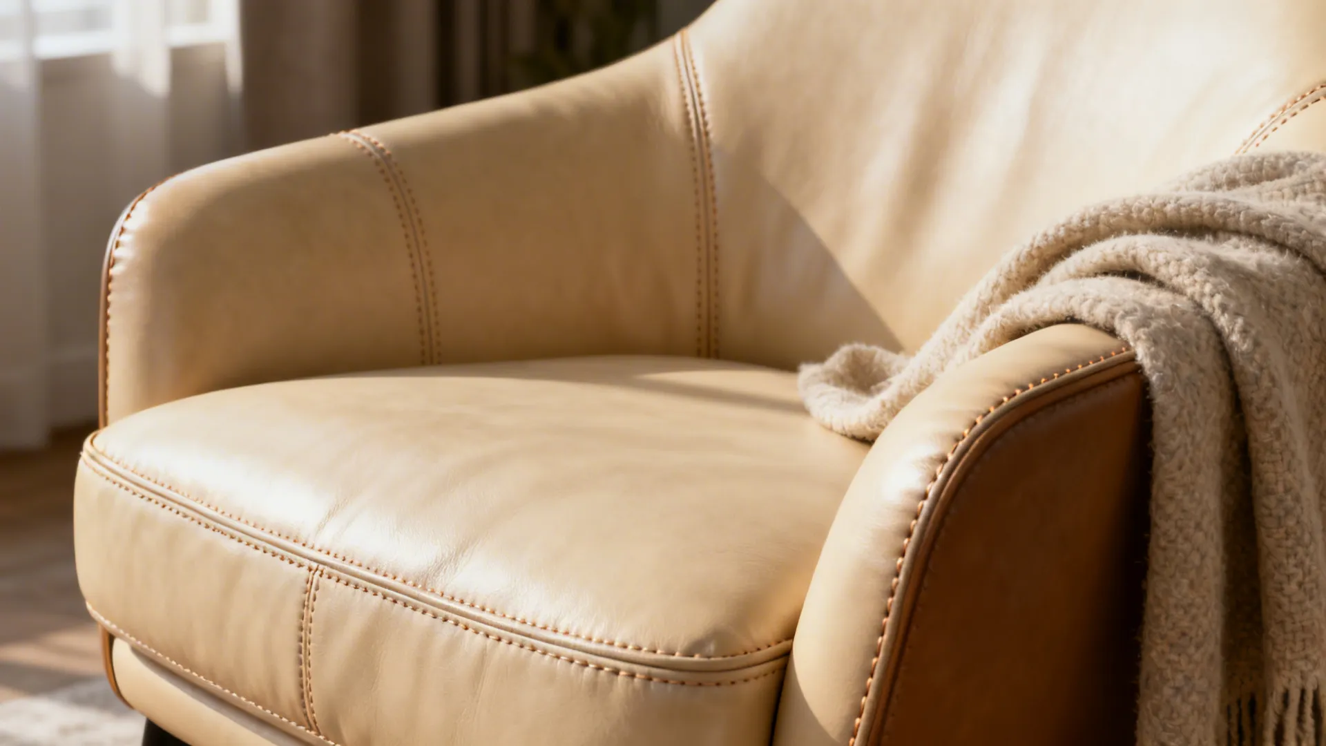 Close-up of cream leather chair showing grain and a layered throw