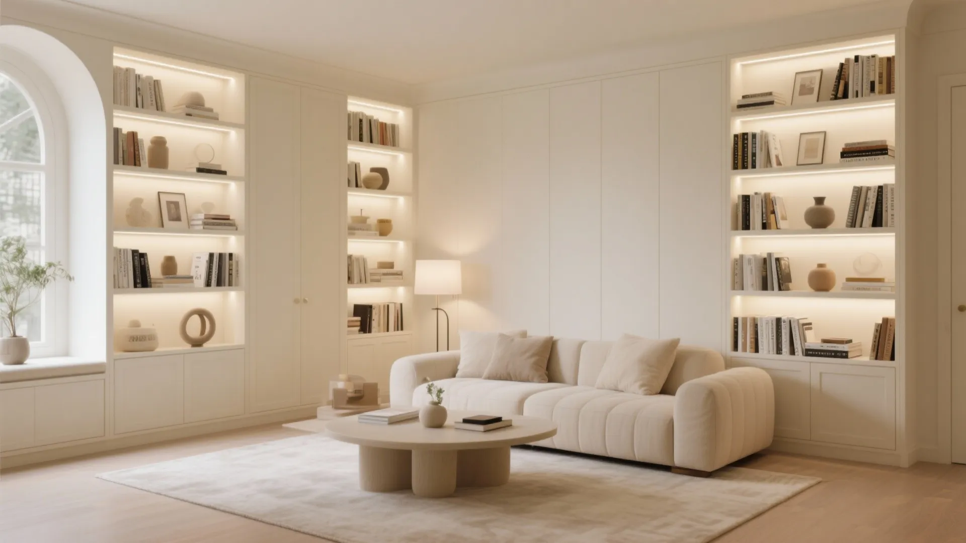 7. Cream Bookshelves with Built-In Lighting