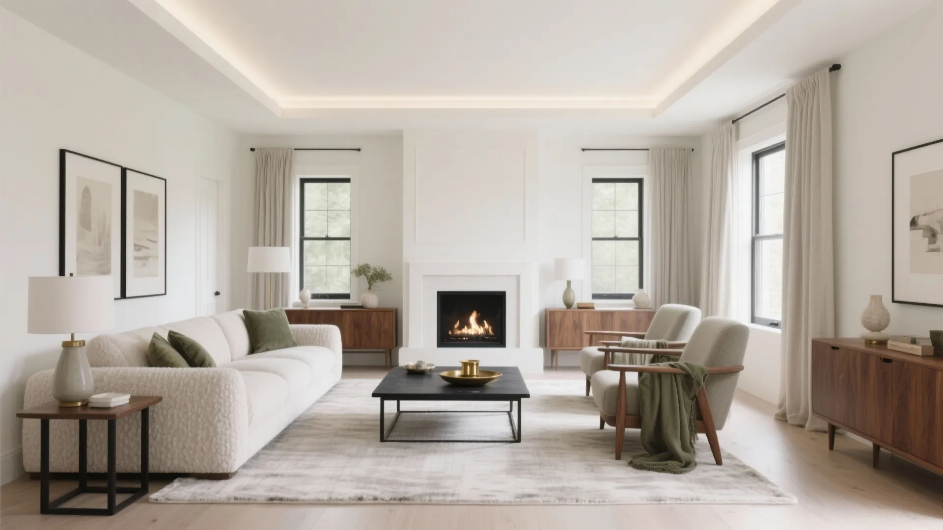 Modern cream living room with white sofa fireplace wooden cabinets two armchairs and large windows