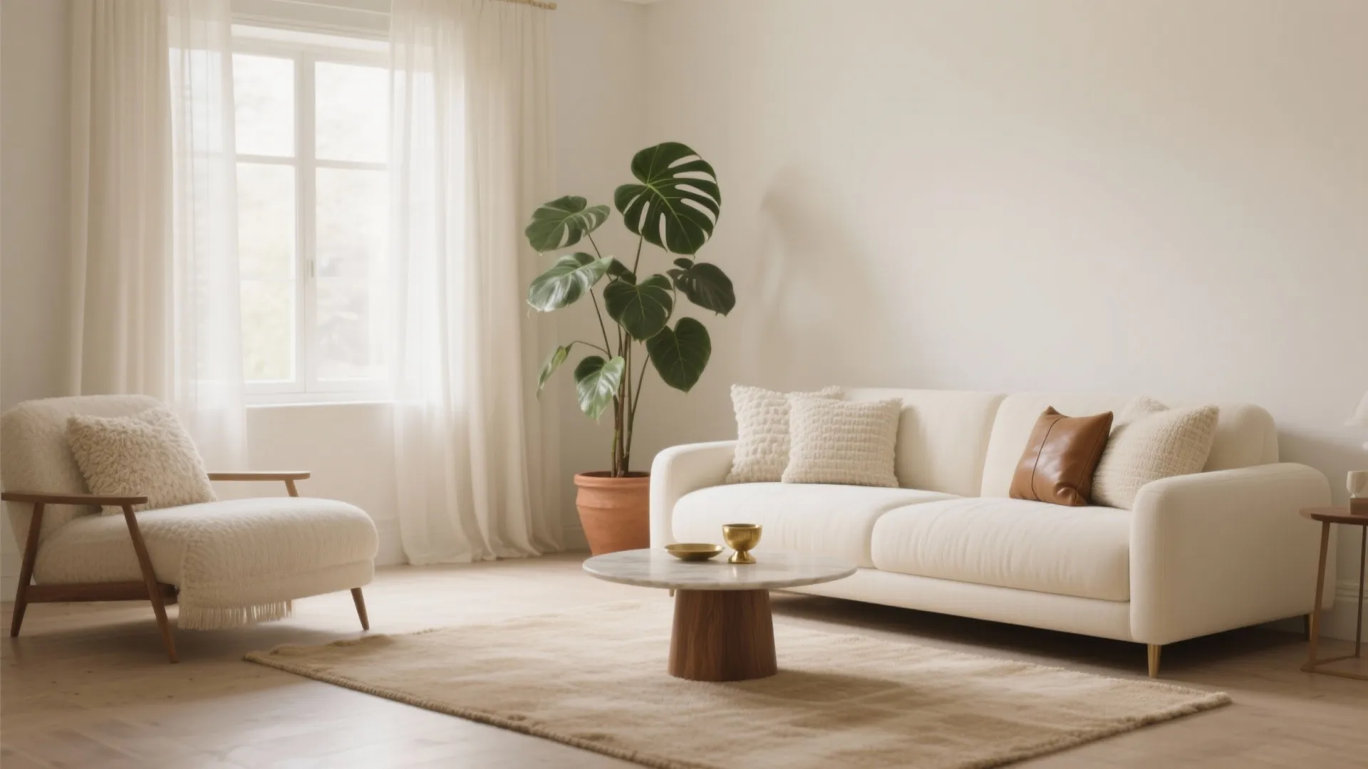 Bright cream living room with white sofa arm chair green plant coffee table and large window