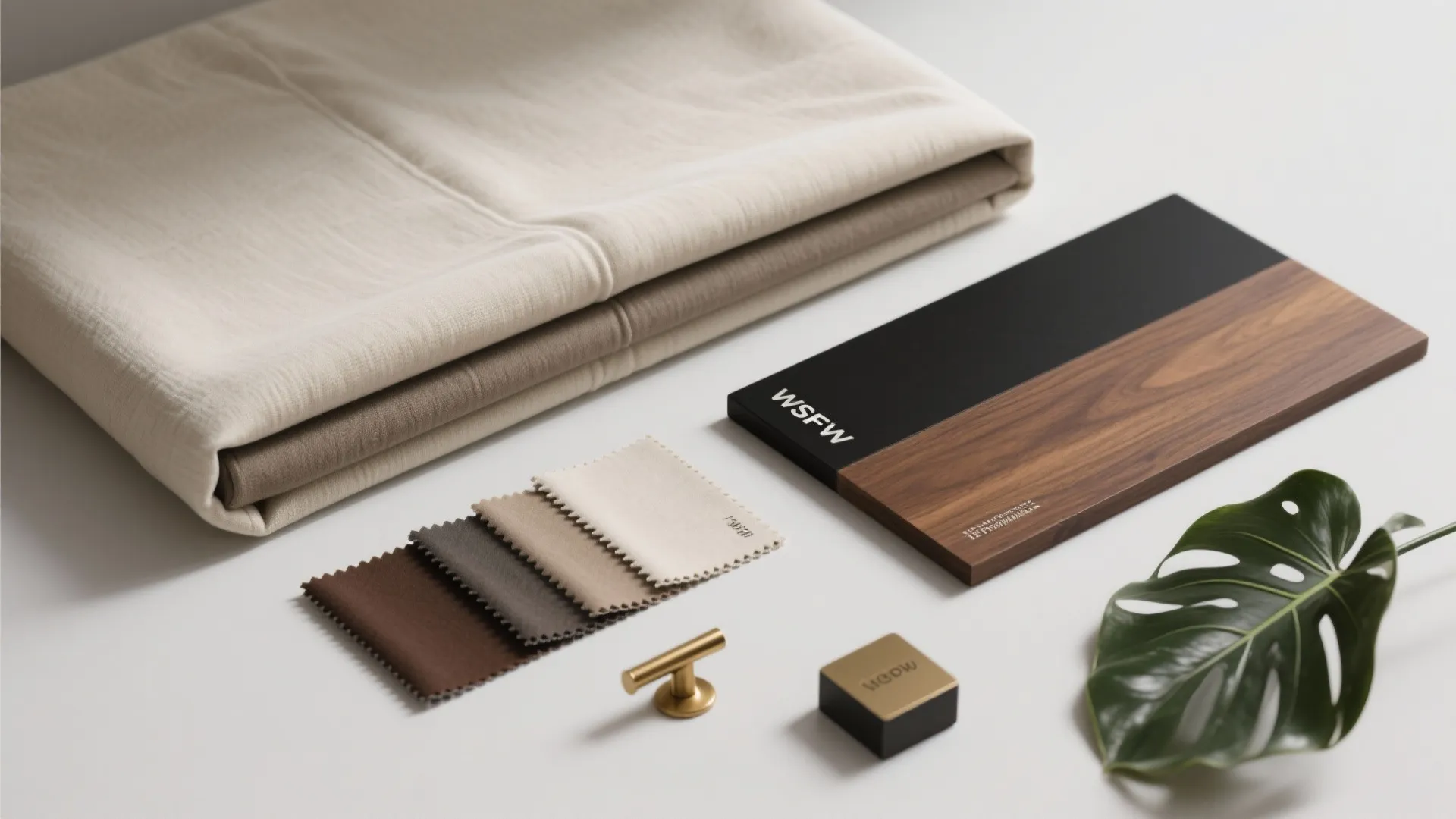 Flatlay of cream fabric swatches, wood samples, brass hardware and a plant leaf for design decisions.