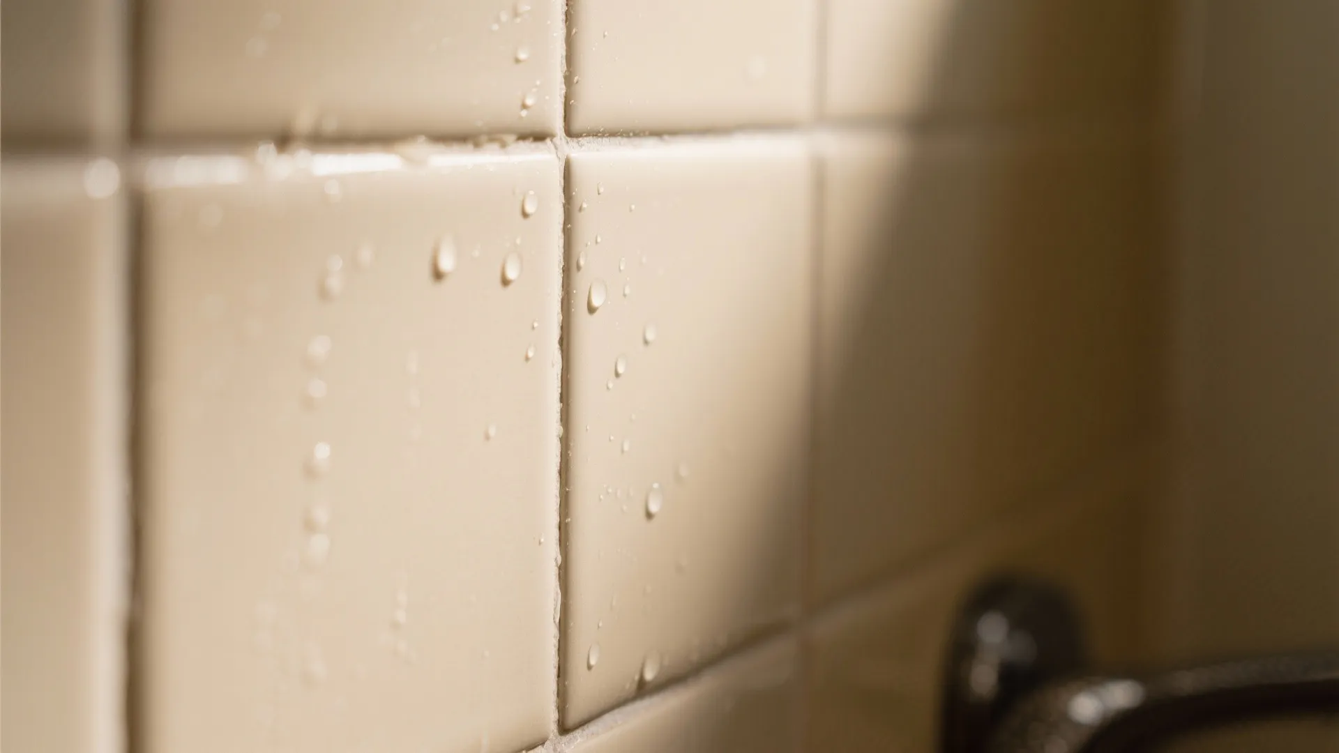 Close up of cream square wall tiles with water drops on the surface in bathroom