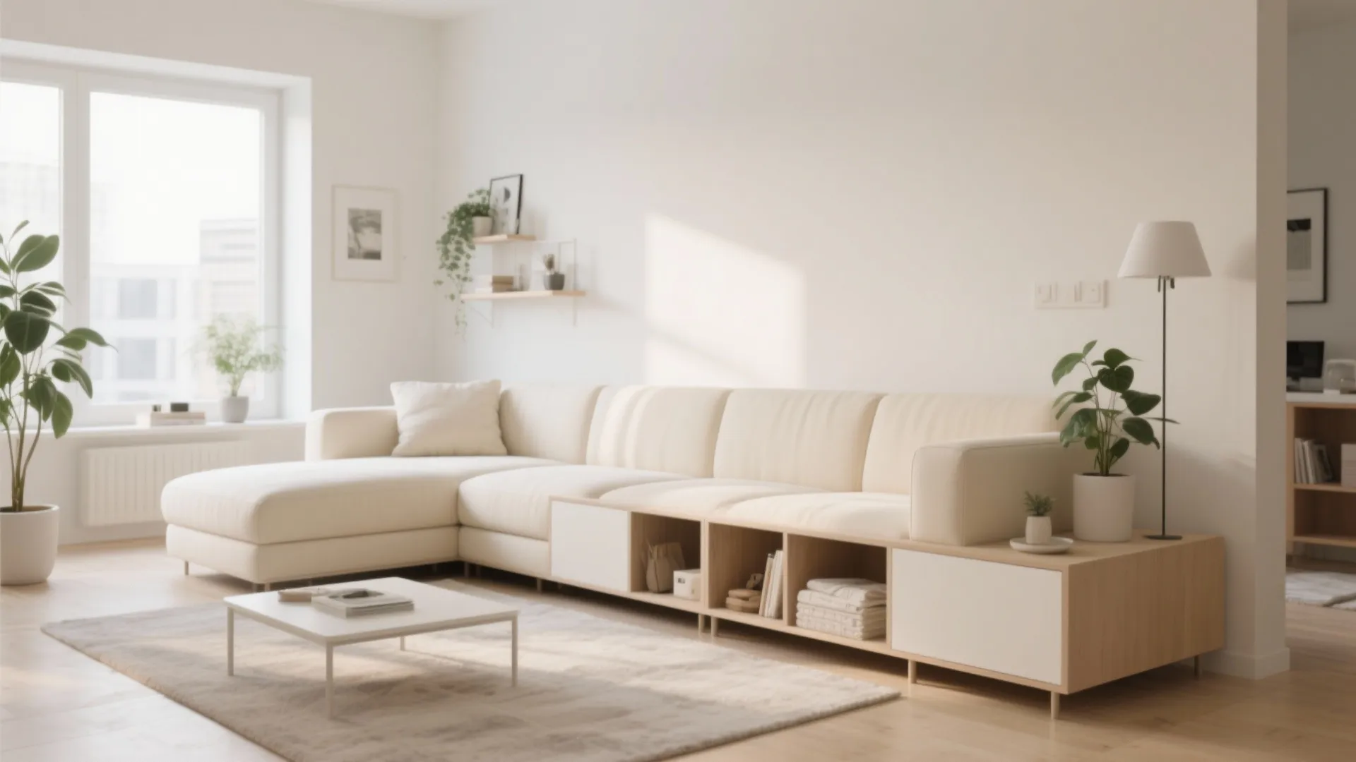 Large cream sofa with built-in wooden storage shelves in a bright white minimalist living room