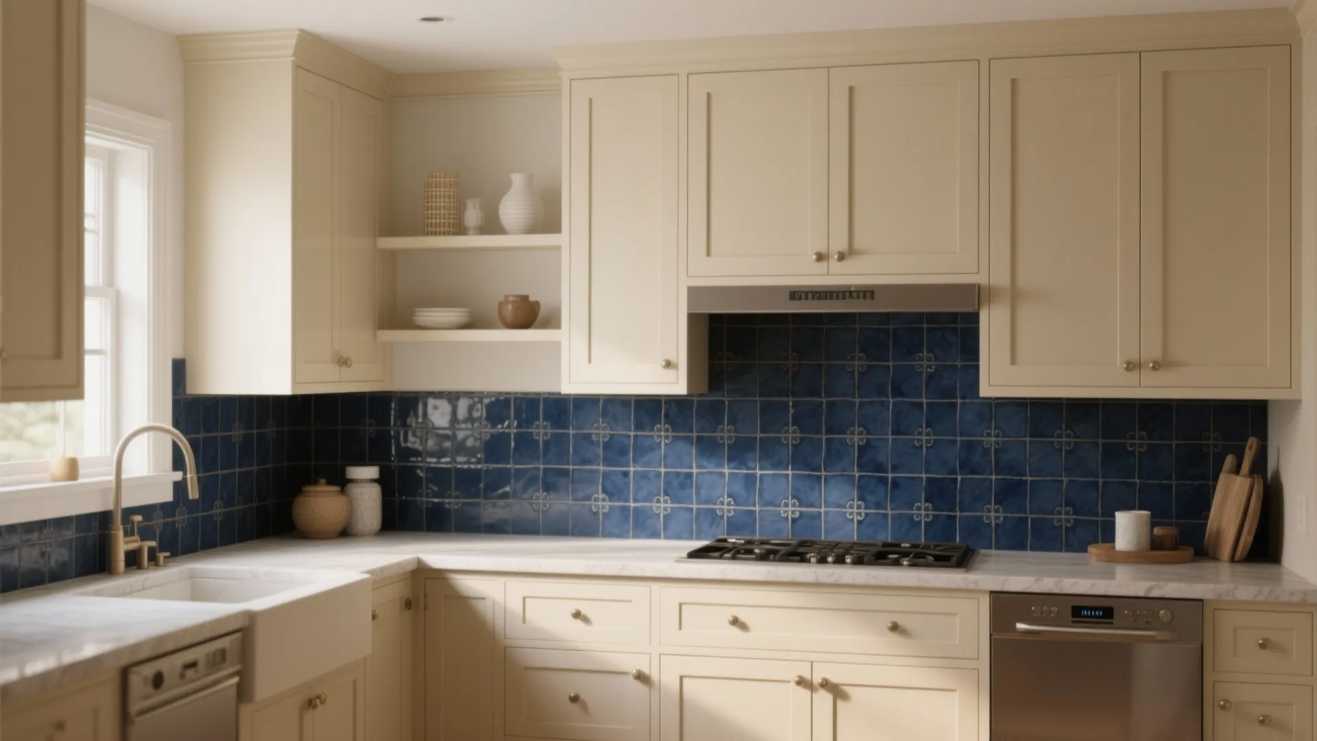 4. Cream Cabinets with Bold Backsplash