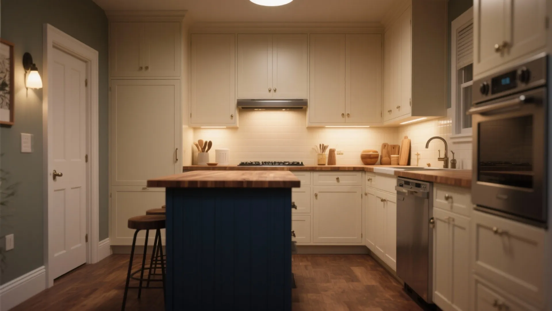 2. Cream Cabinets with Contrasting Island