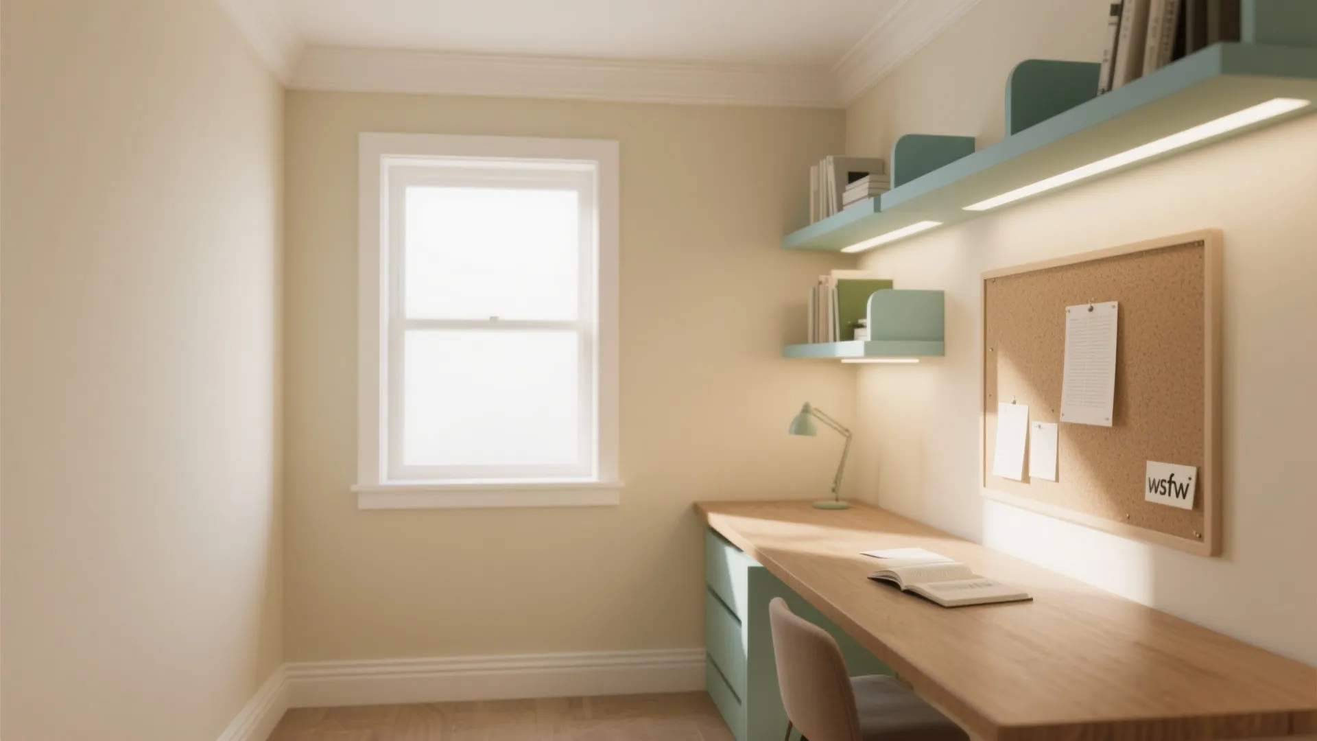Small study room with cream walls wooden desk teal wall shelves and window with light