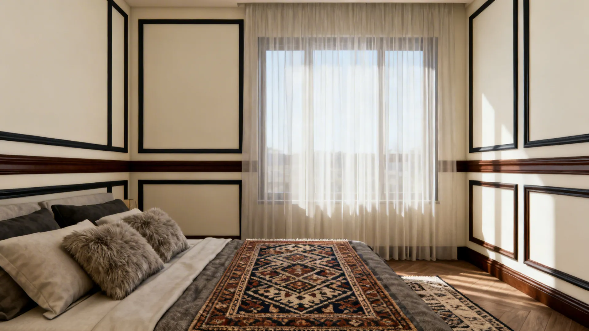 Boutique-style bedroom with creamy off-white walls and deep charcoal trim, layered textiles and patterned rug.