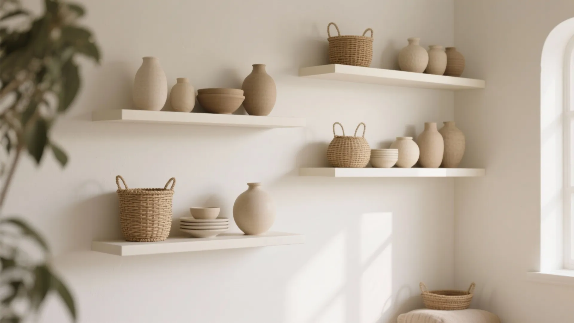 3. Cream Open Shelving Against White Walls