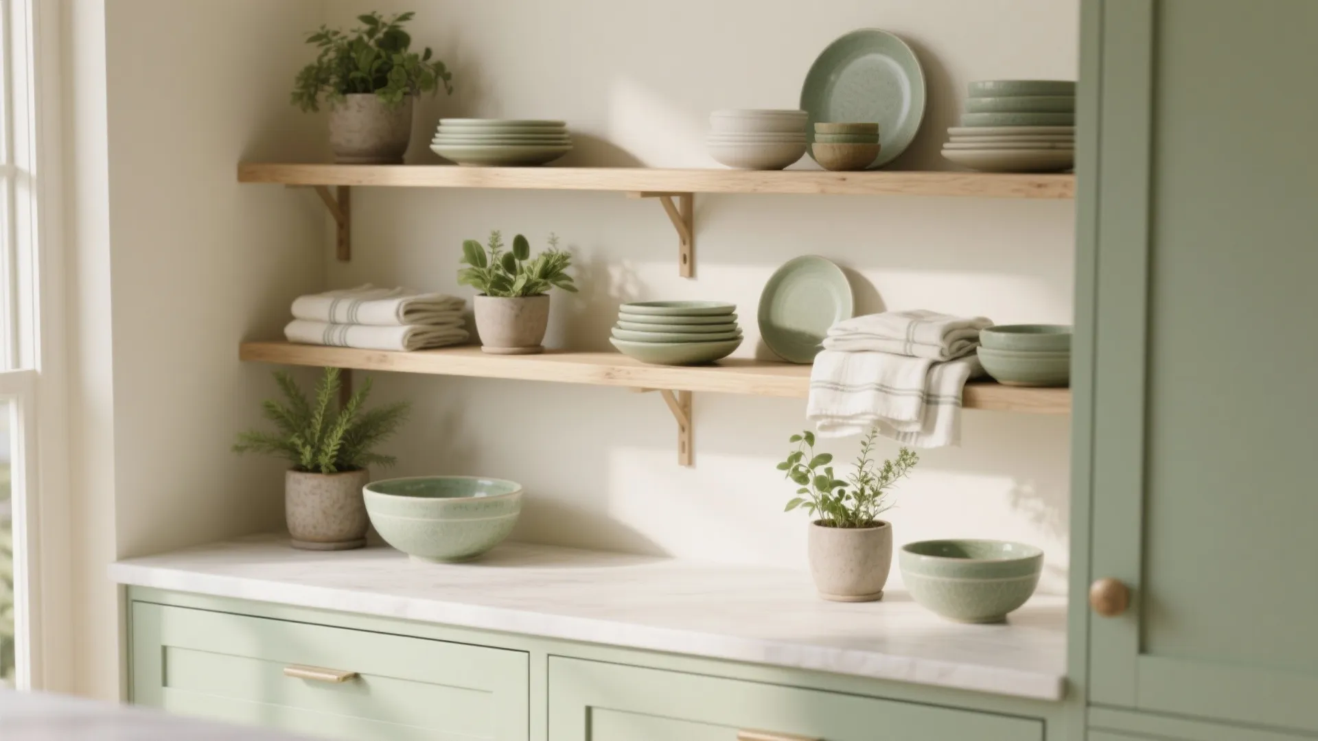 4. Cream Open Shelving with Sage Accents