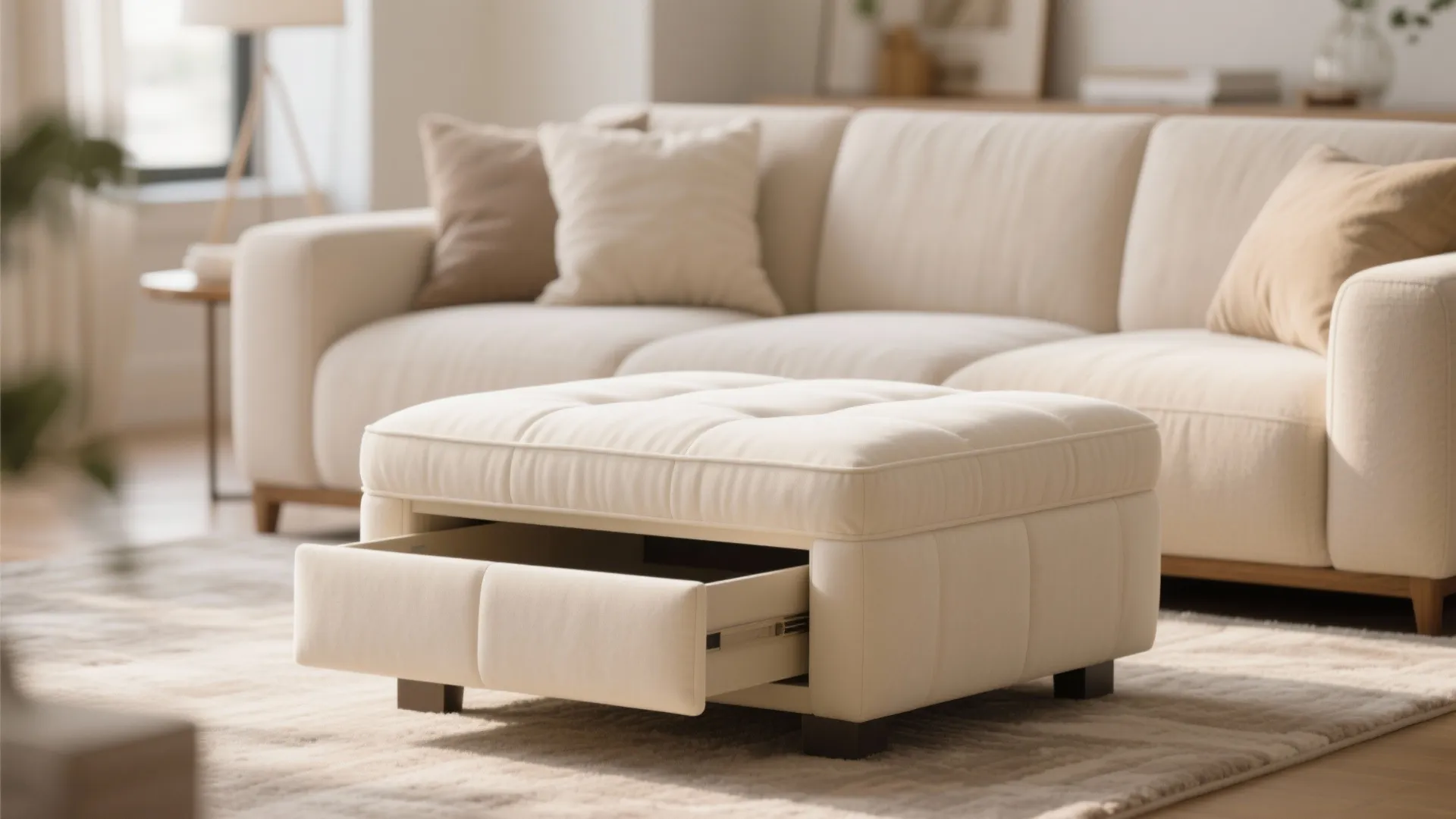 Cream upholstered ottoman with storage in a warm-toned living room
