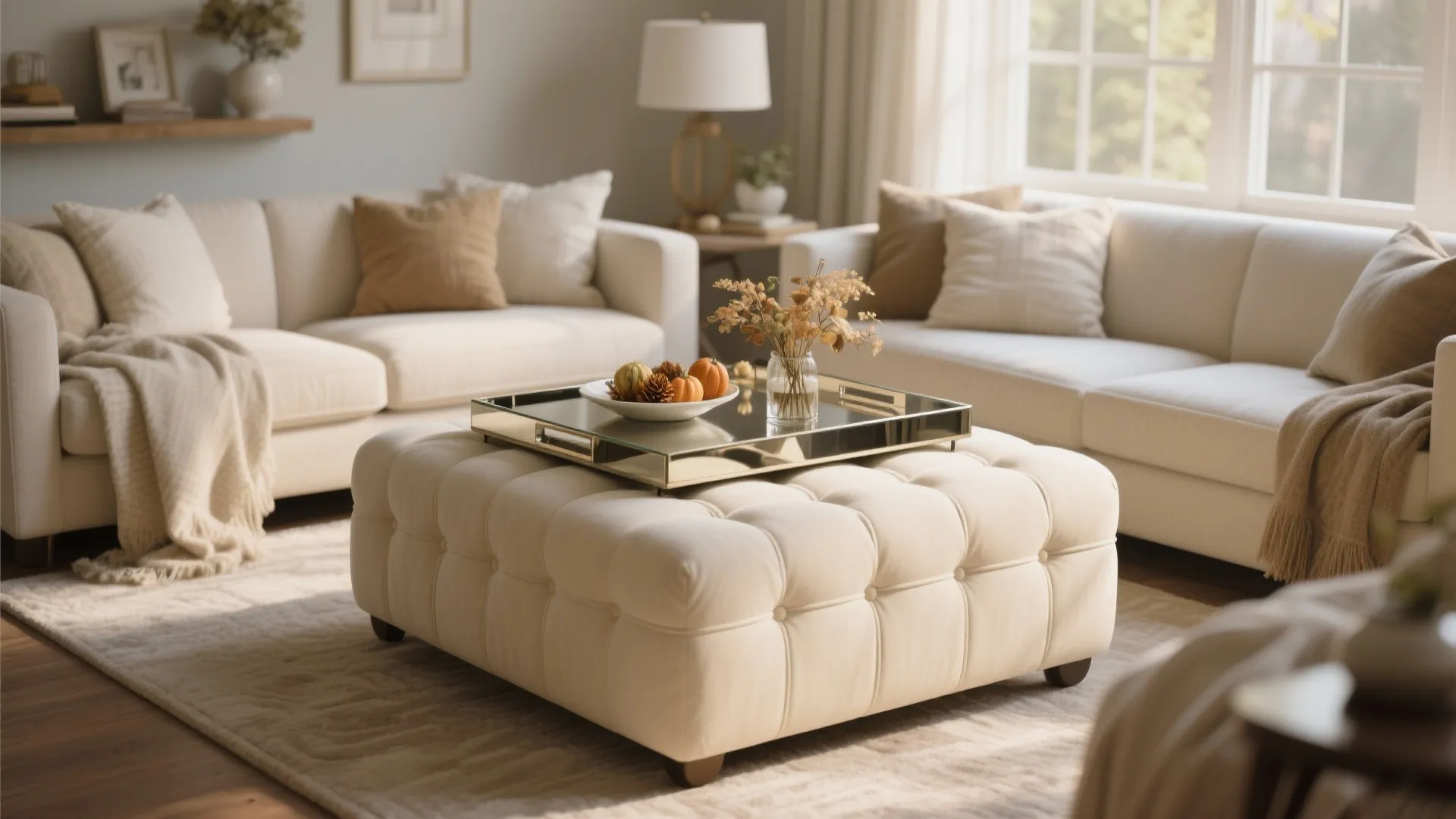 Cream tufted footrest with a mirror tray and flowers in a bright modern living room