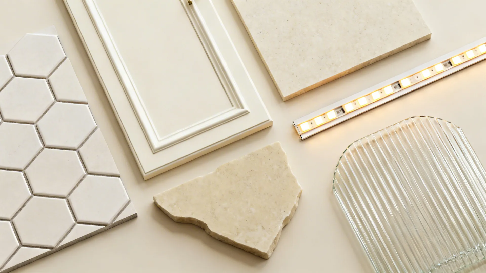 Flat lay with cream beveled tile, off-white cabinet swatch, cream quartz, and ribbed glass.