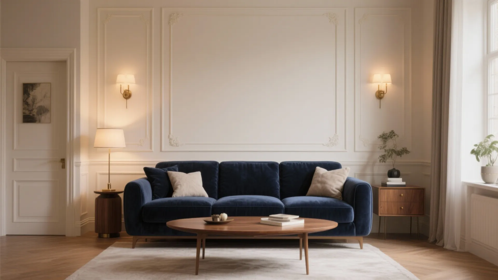 6. Cream Paneling with Navy Sofa